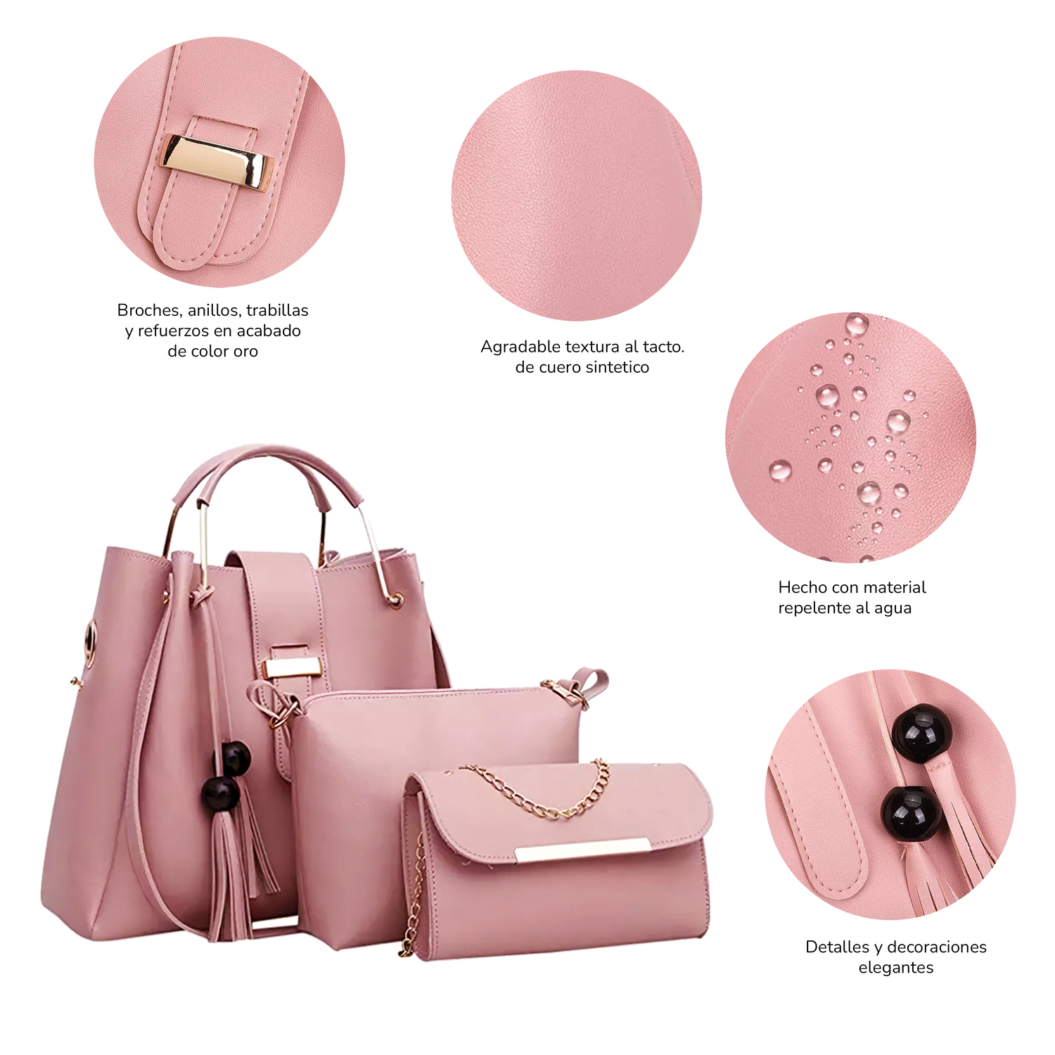 Conjunto De 3 Bolsos De Lujo Para Mujer, Gran Capacidad- Rosa