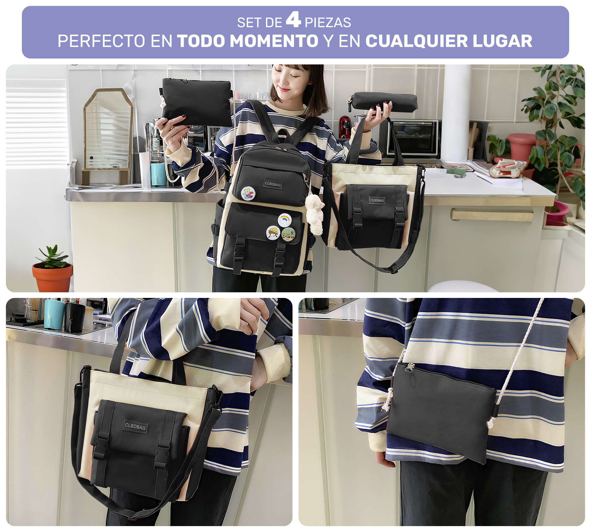 Set De 4 Mochilas Bolsas Escolares Estudiante Lapicera Moda