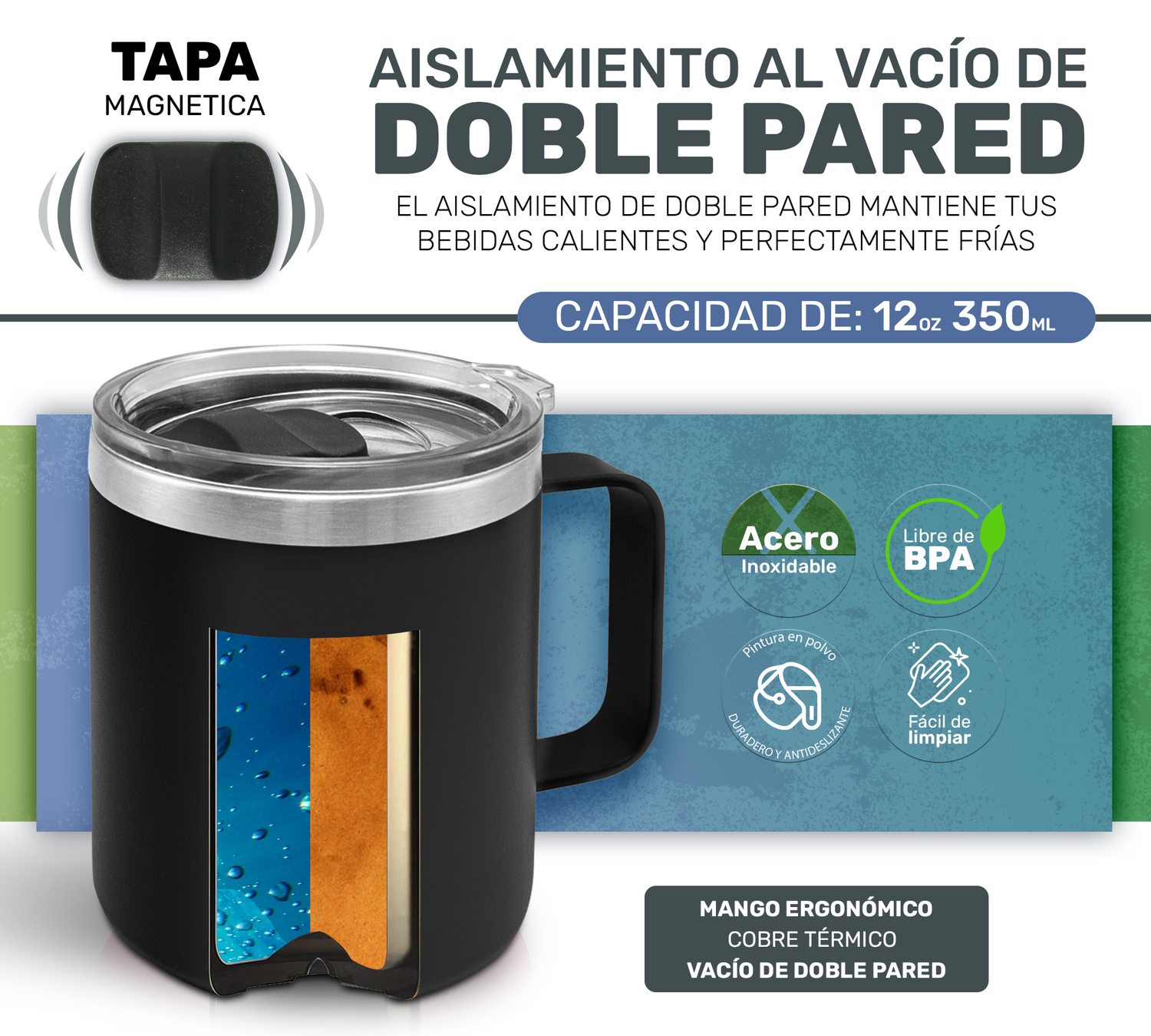 Taza Vaso Termo Térmico Acero Inoxidable Tipo Yeti 12oz - Negro