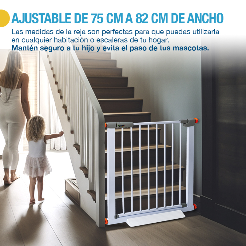 SHIMY Reja para Bebé y Perro con Doble Mecanismo de Seguridad (85 cm de Altura), Puerta de Seguridad Universal para Bebés, Niños y Mascotas, Ajustable de 75 a 82 cm de Ancho, Instalación en 1 Minuto