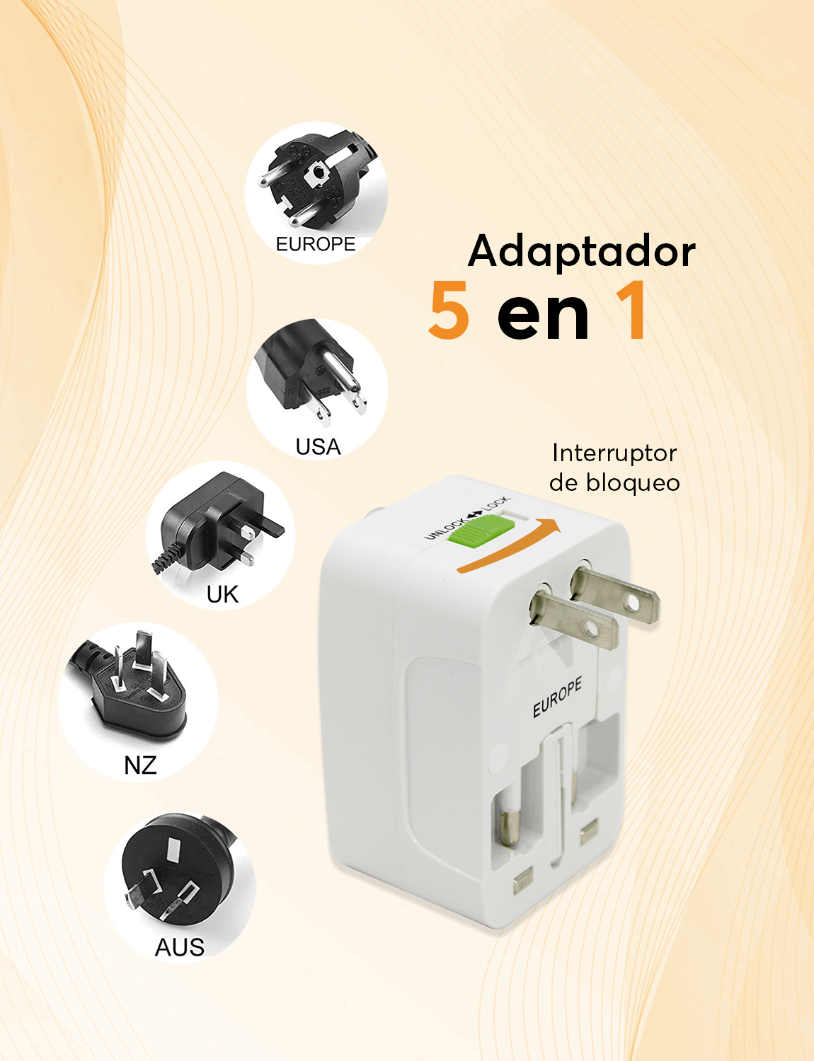 Adaptador Archy de Enchufe Internacional Cargador para Viajes Adaptador Universal Todo en Uno Múltiples Conexiones Europeo Japon China Canadá USA EU UK AU Cargador Europeo.