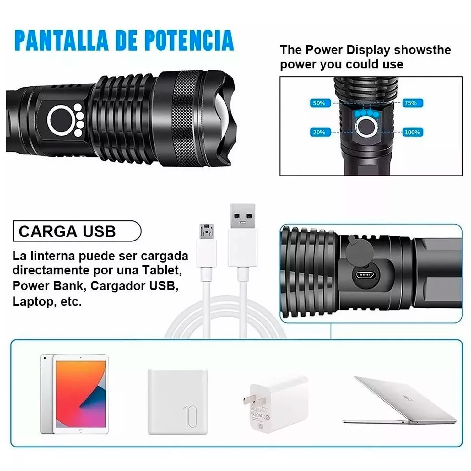 Linterna Lampara De Mano Tactica Usb Recargable Alcance 50000lm Para Camping O Emergencia