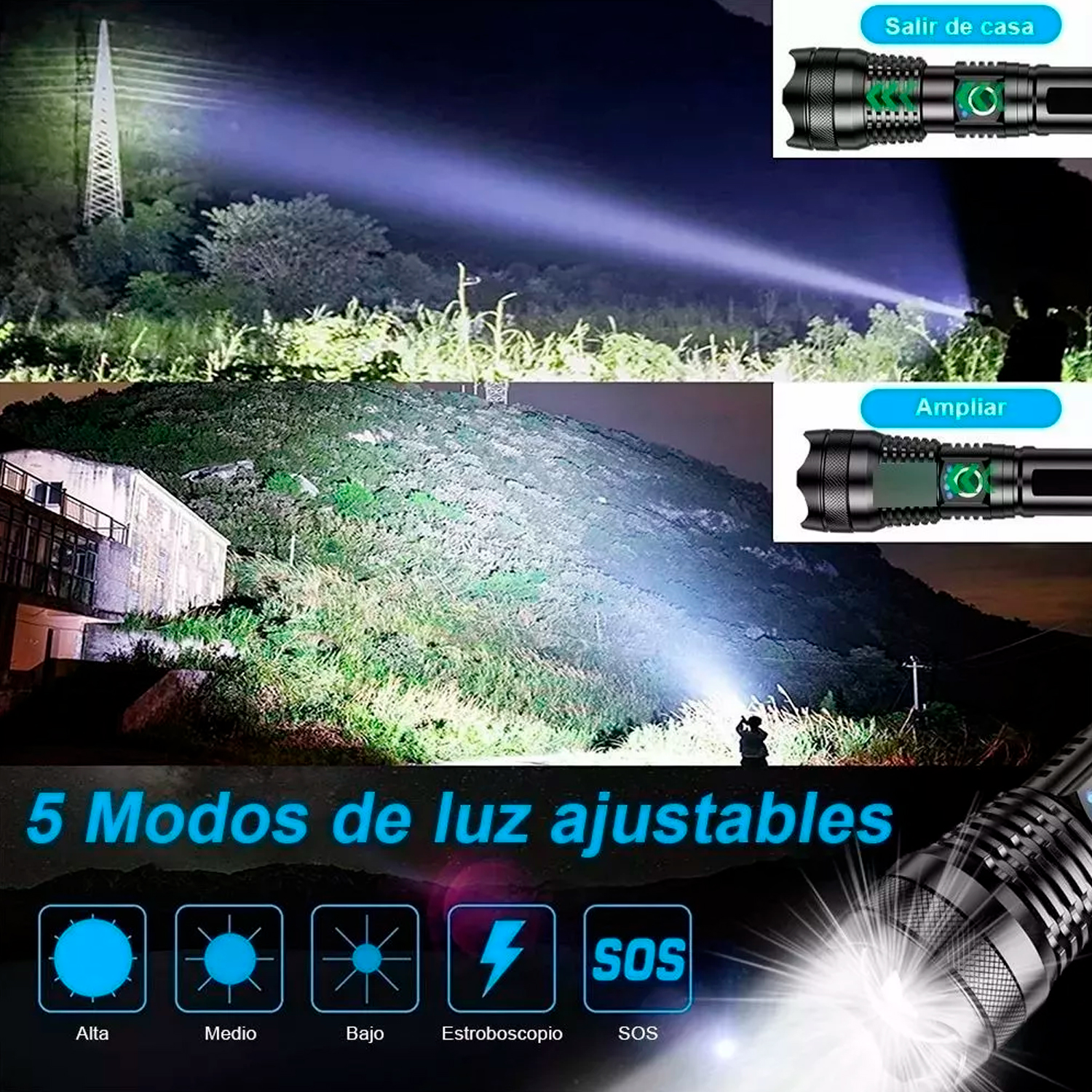 Linterna Lampara De Mano Tactica Usb Recargable Alcance 50000lm Para Camping O Emergencia