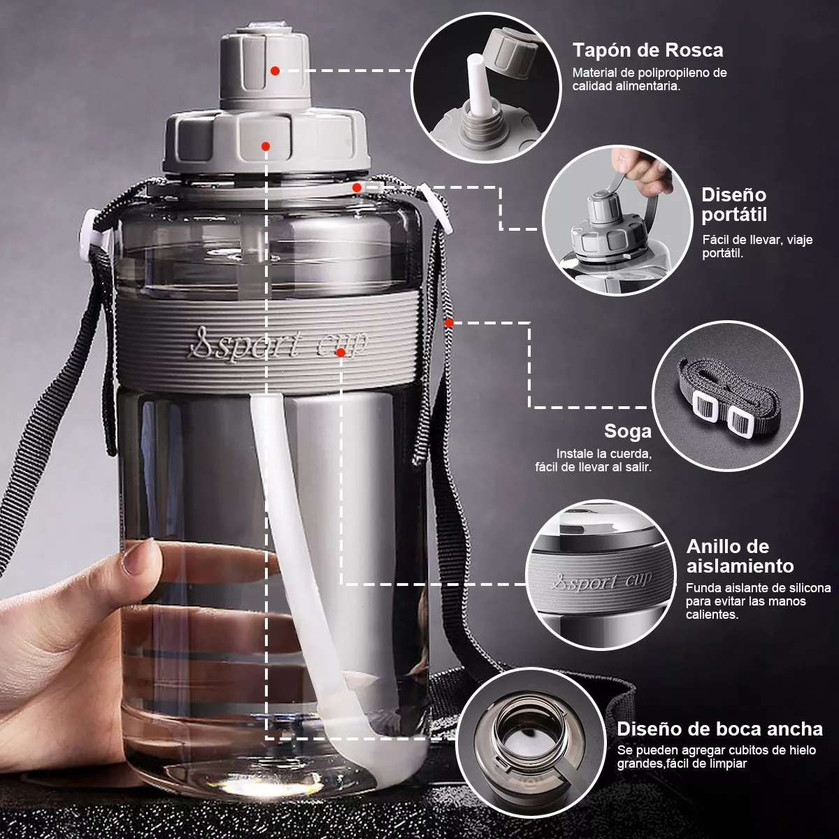 Bote De Agua 2 Litros Botella Para Agua Deportiva Portatil