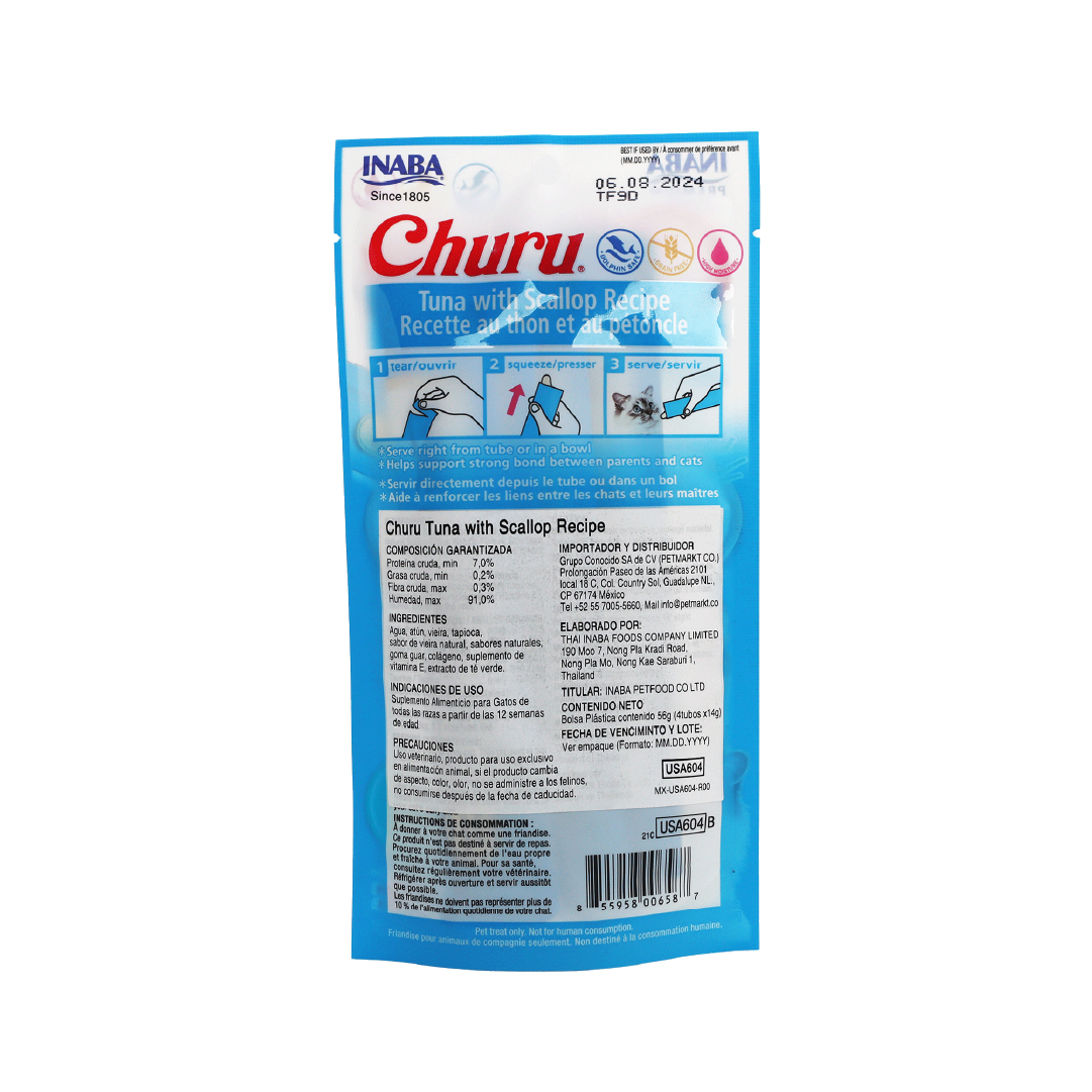 Inaba Churu Premios para Gato Atún y Vieira, Paquete 4 tubos