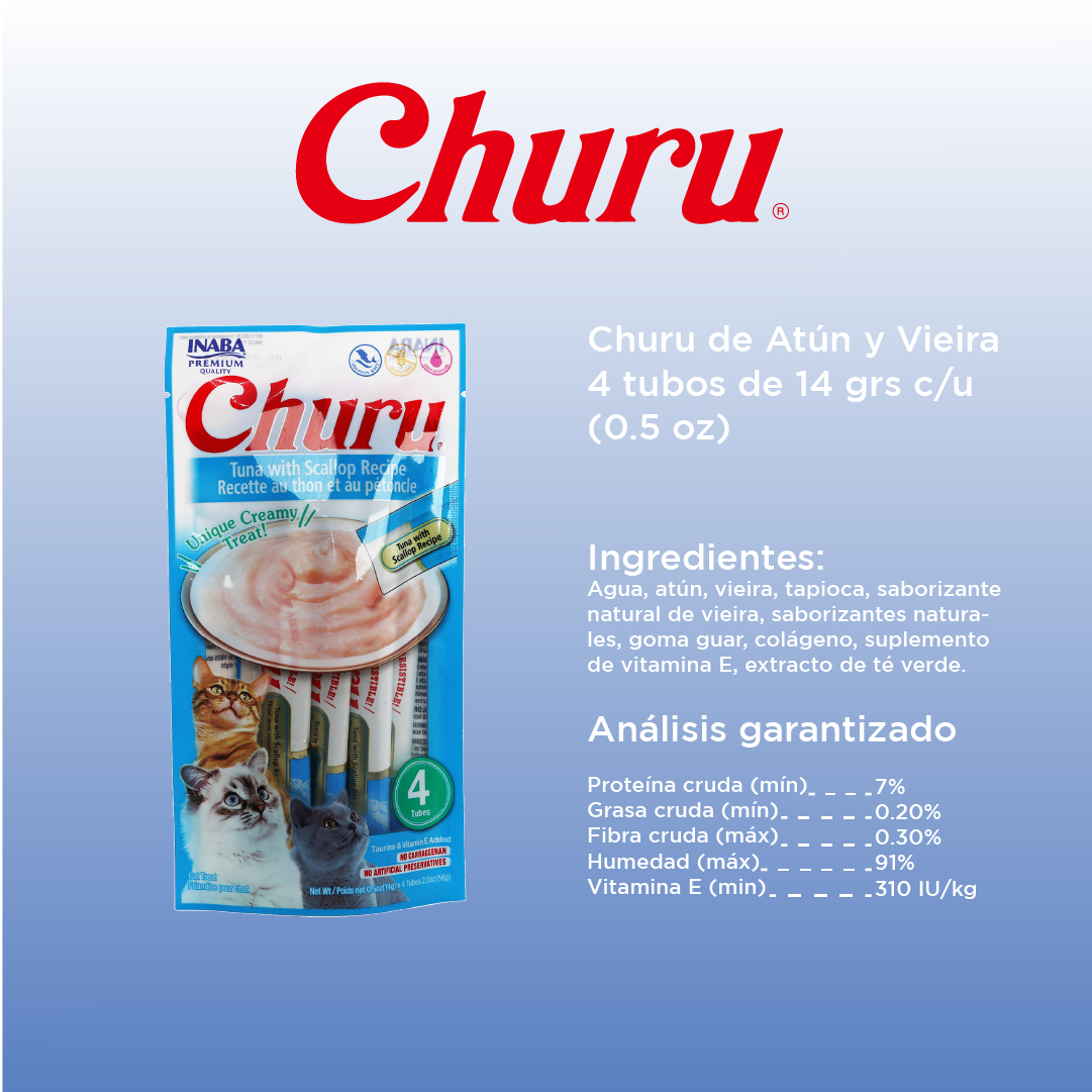 Inaba Churu Premios para Gato Atún y Vieira, Paquete 4 tubos