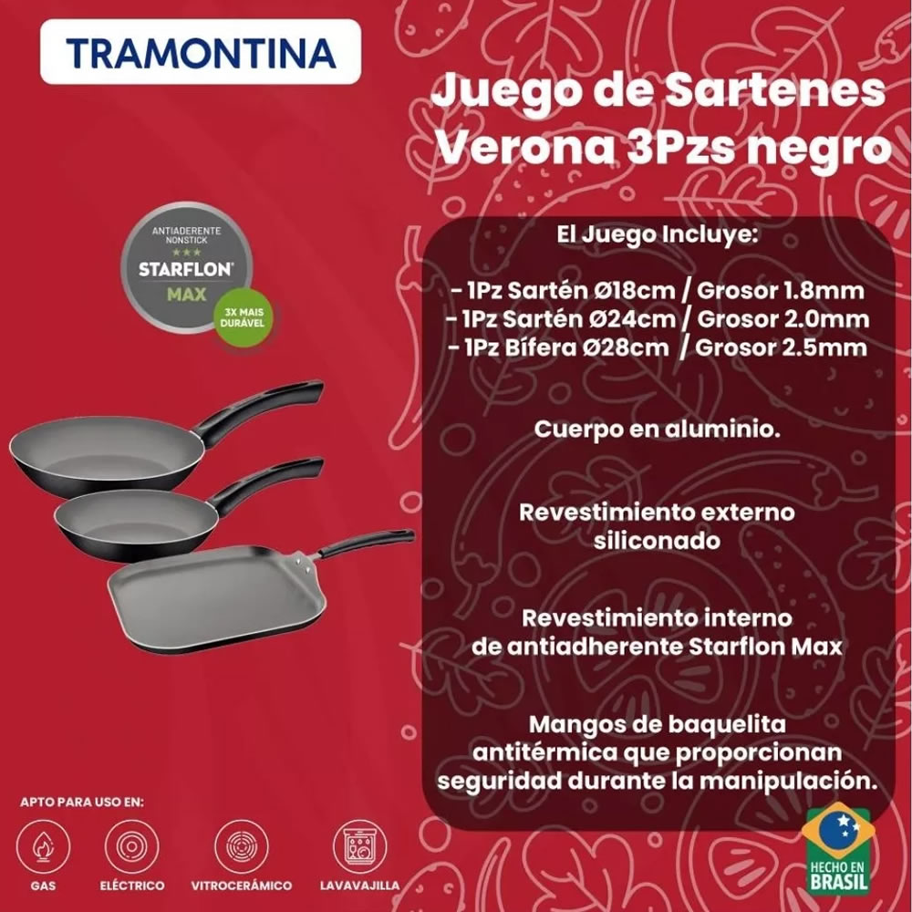 Juego de Sartenes Tramontina Verona 3 Piezas Rojo