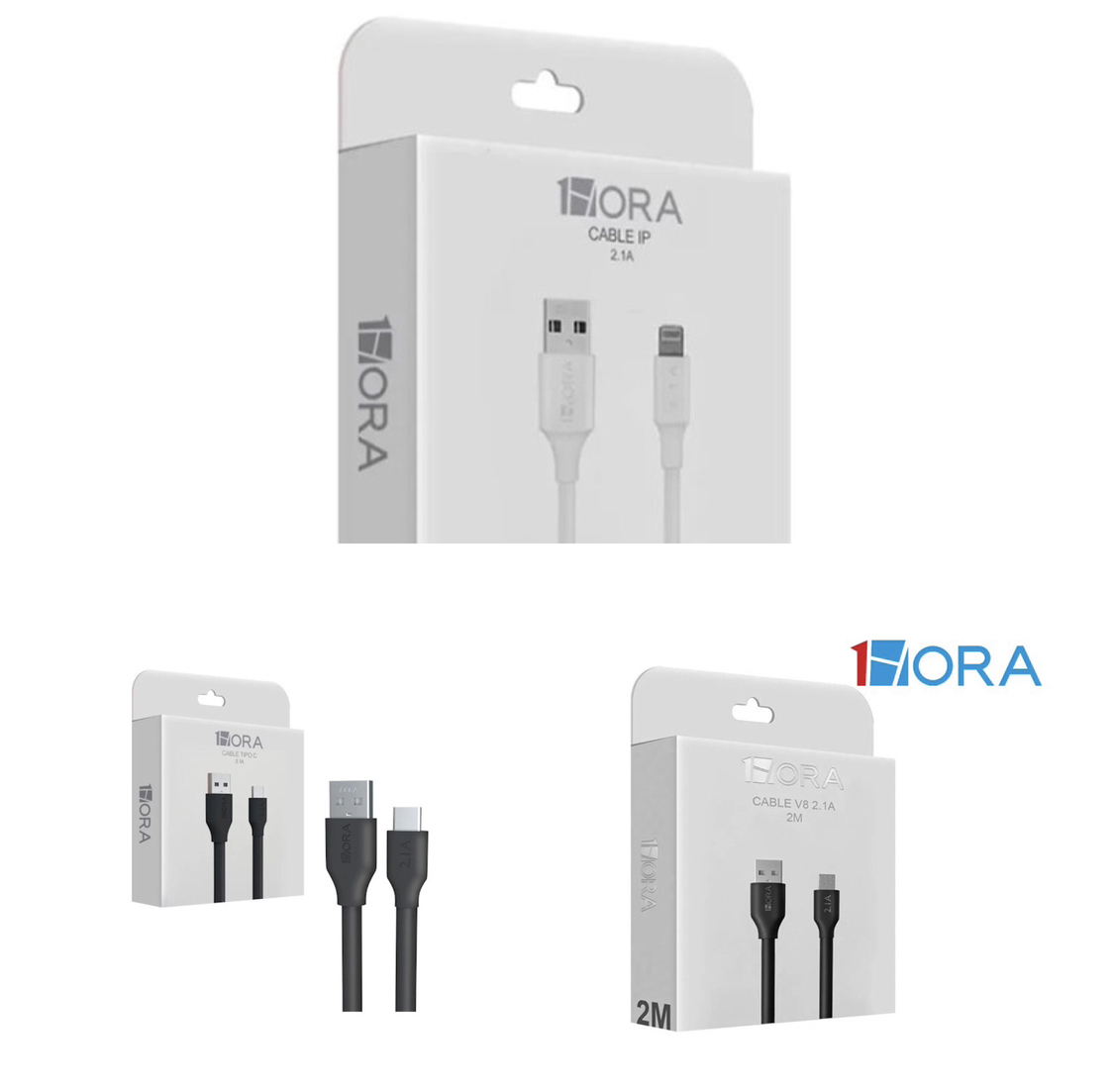 Paquete 3 Cables iPhone Lightning, V8 Micro USB y Tipo C TC. 1C1