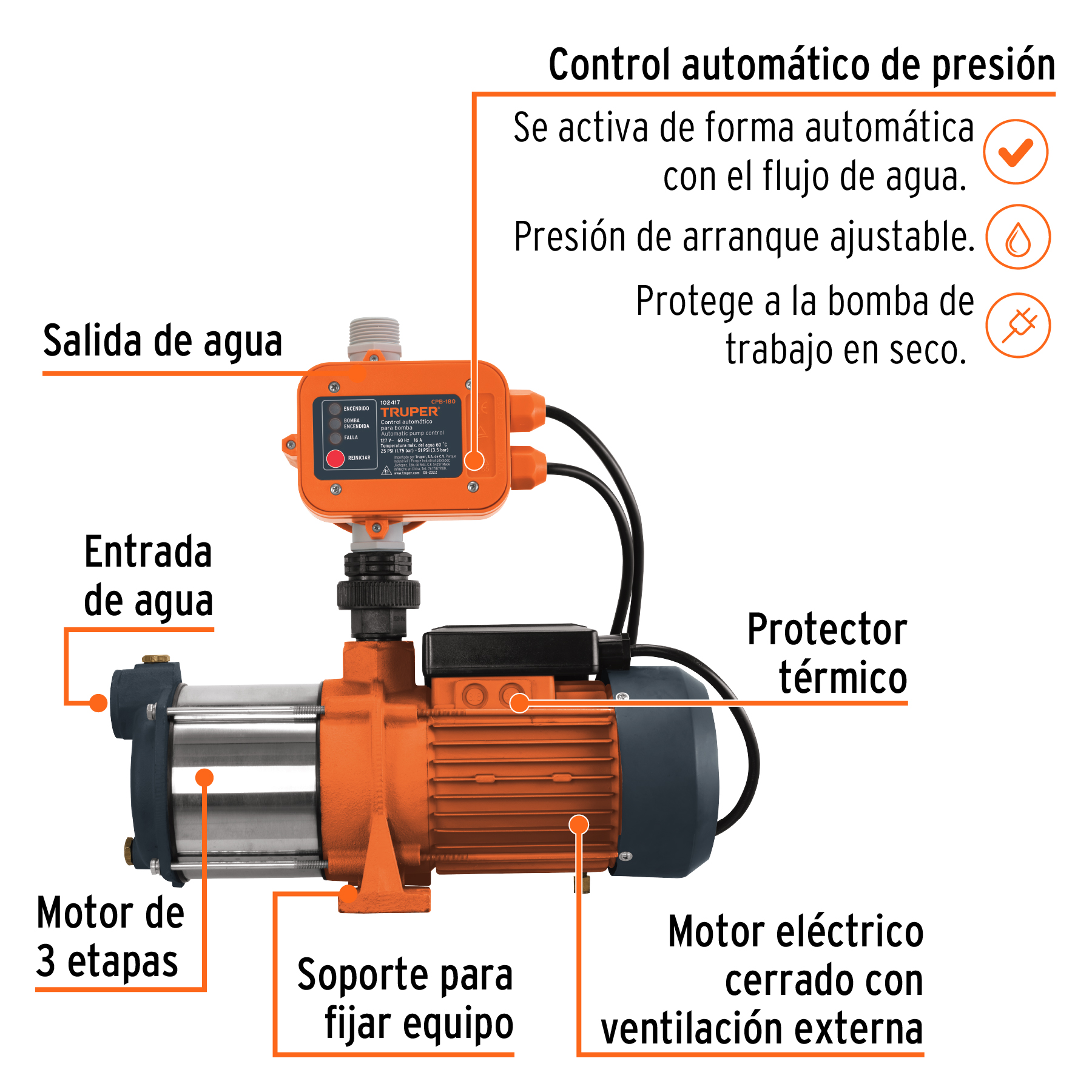 Bomba presurizadora con 3 impulsores de 1 HP 3 servicios