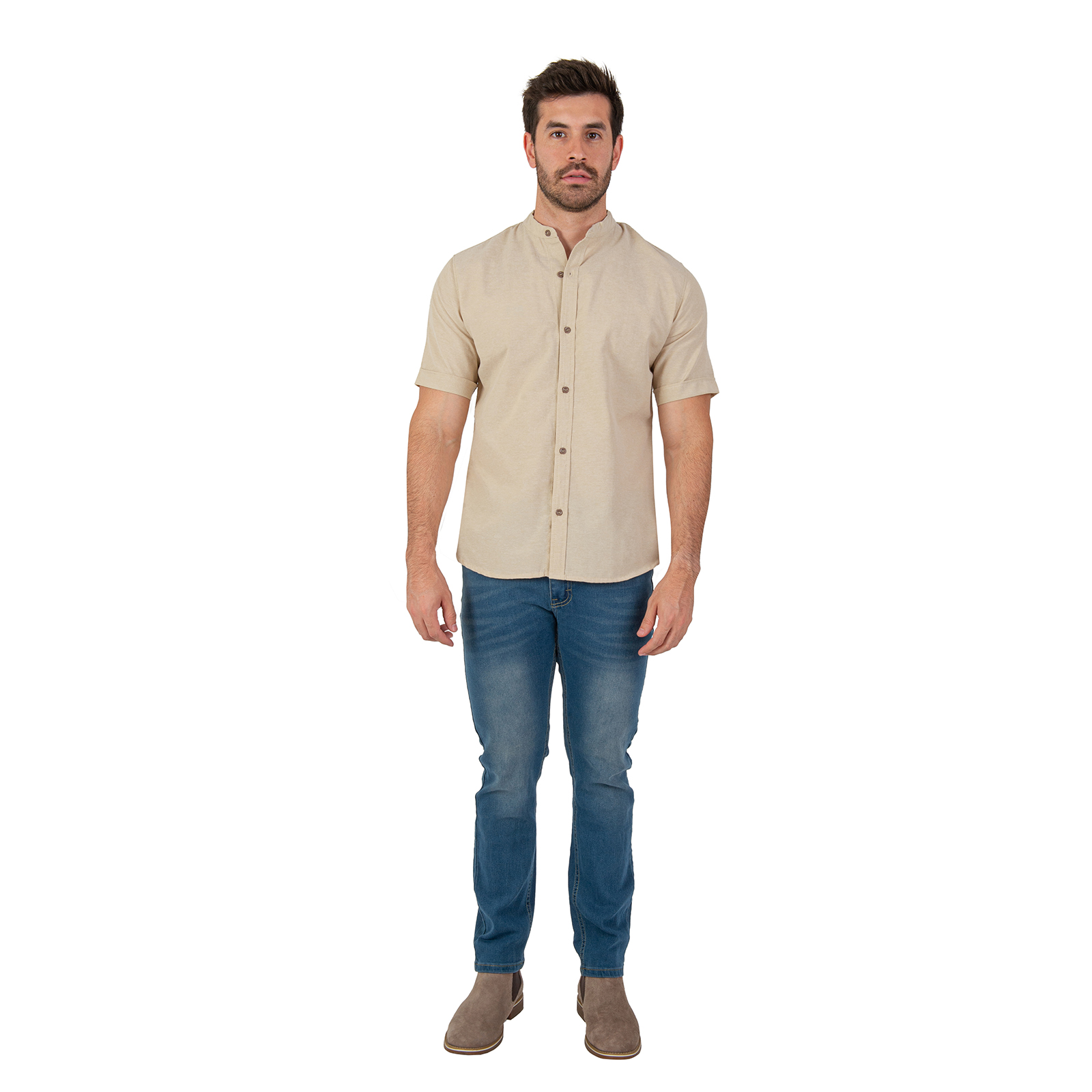 Camisa Manga Corta Casual Fresca Slim Fit Cuello Mao Chili Beans  Color Beige 