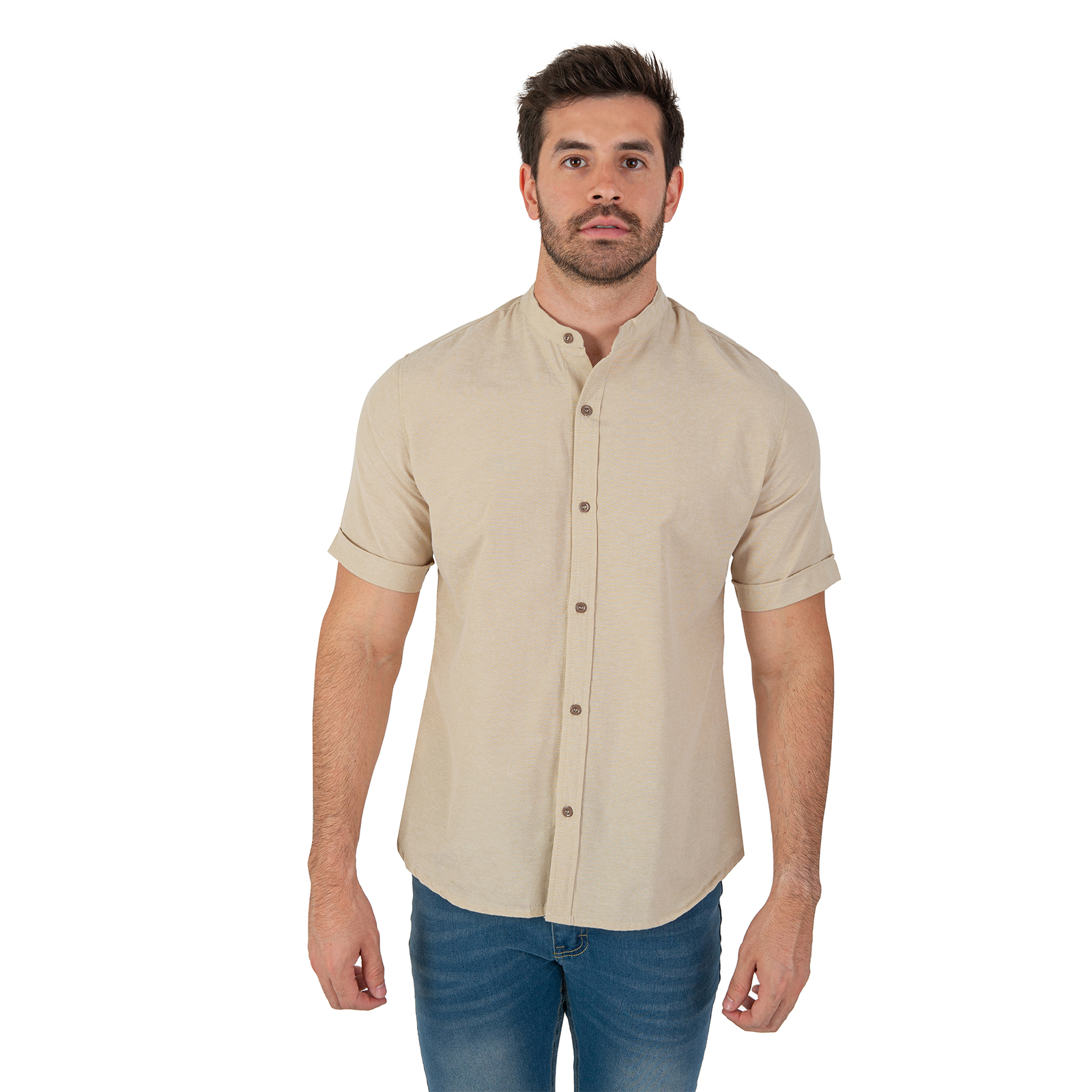 Camisa Manga Corta Casual Fresca Slim Fit Cuello Mao Chili Beans  Color Beige 