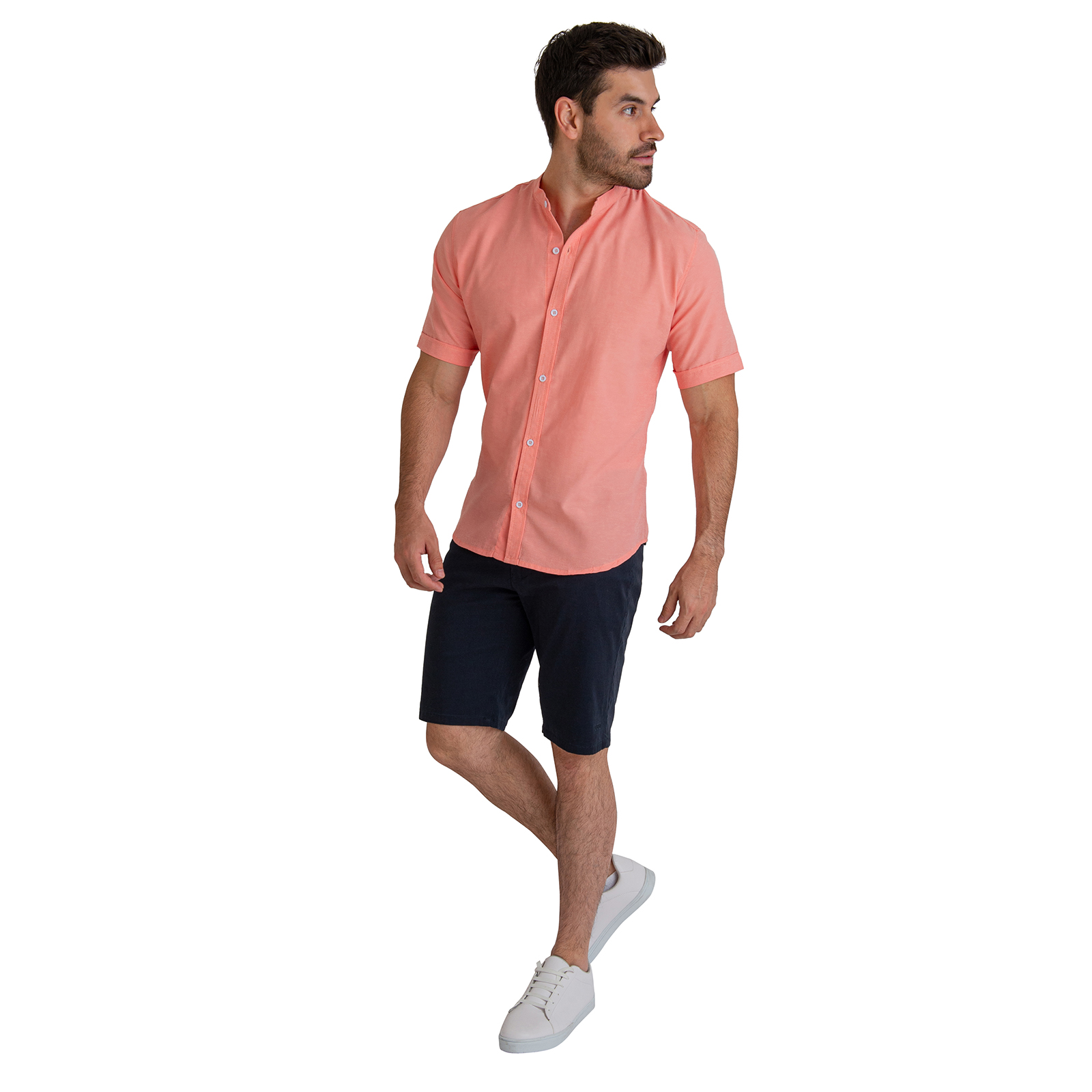 Camisa Manga Corta Casual Fresca Slim Fit Cuello Mao Chili Beans Color Coral 