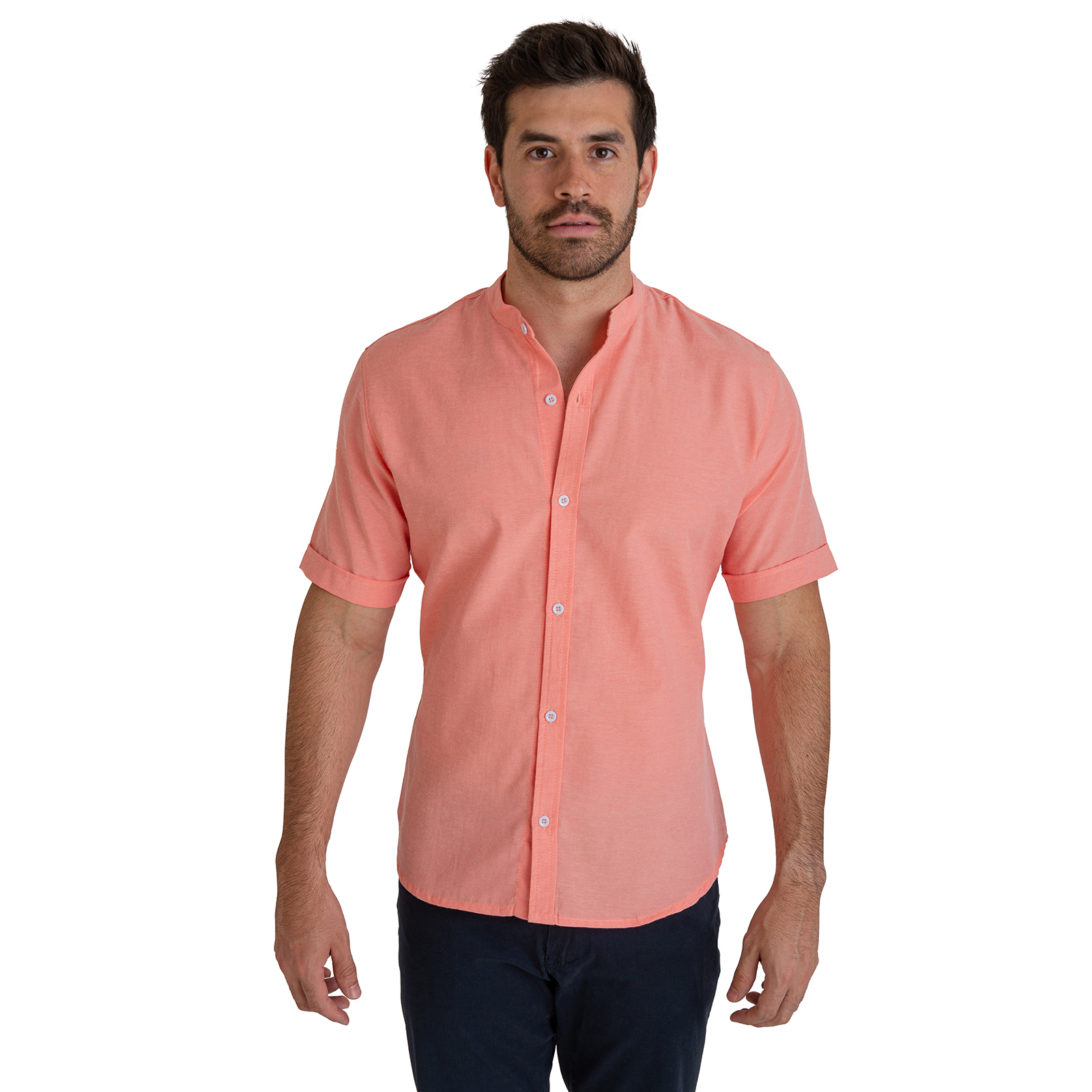 Camisa Manga Corta Casual Fresca Slim Fit Cuello Mao Chili Beans Color Coral 