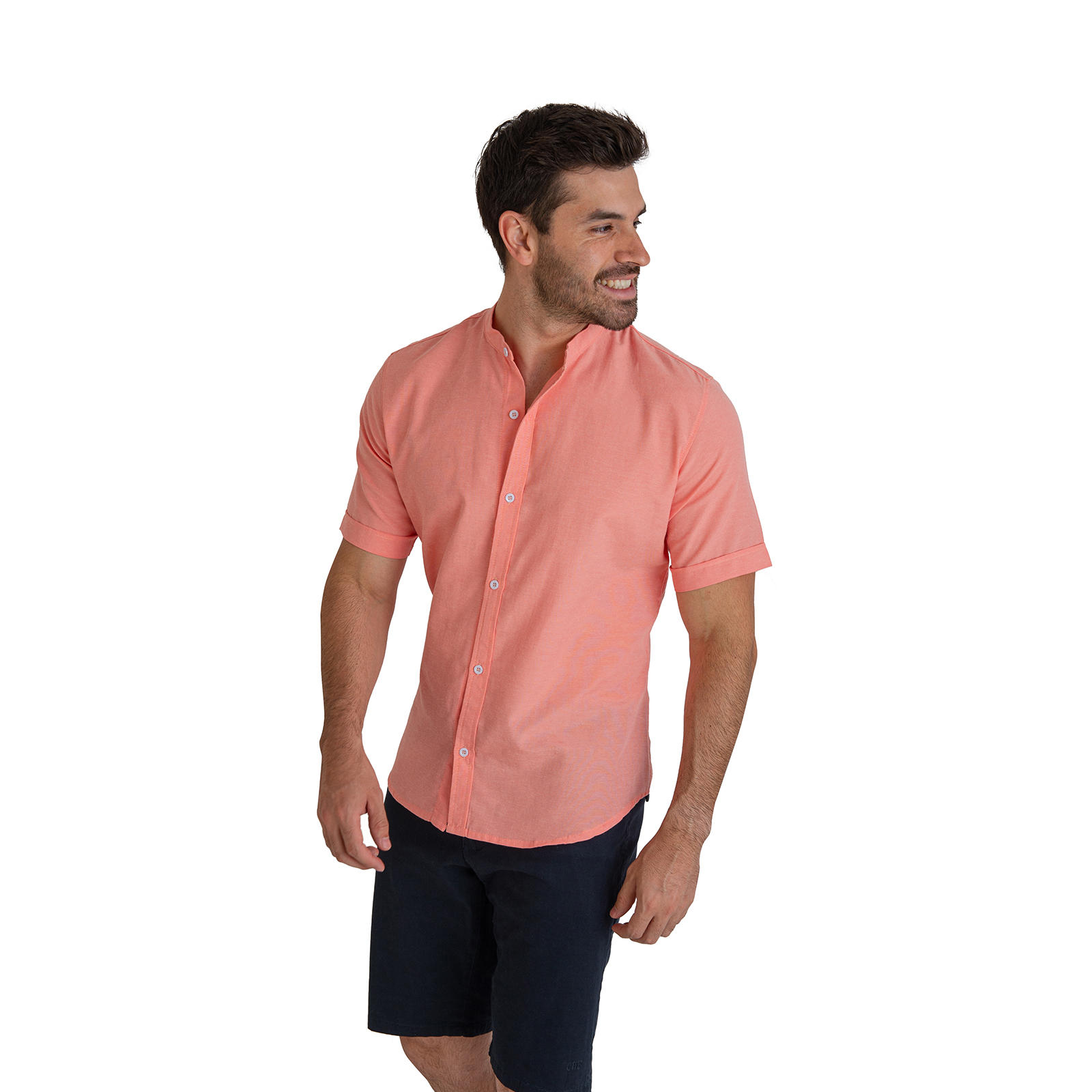 Camisa Manga Corta Casual Fresca Slim Fit Cuello Mao Chili Beans Color Coral 