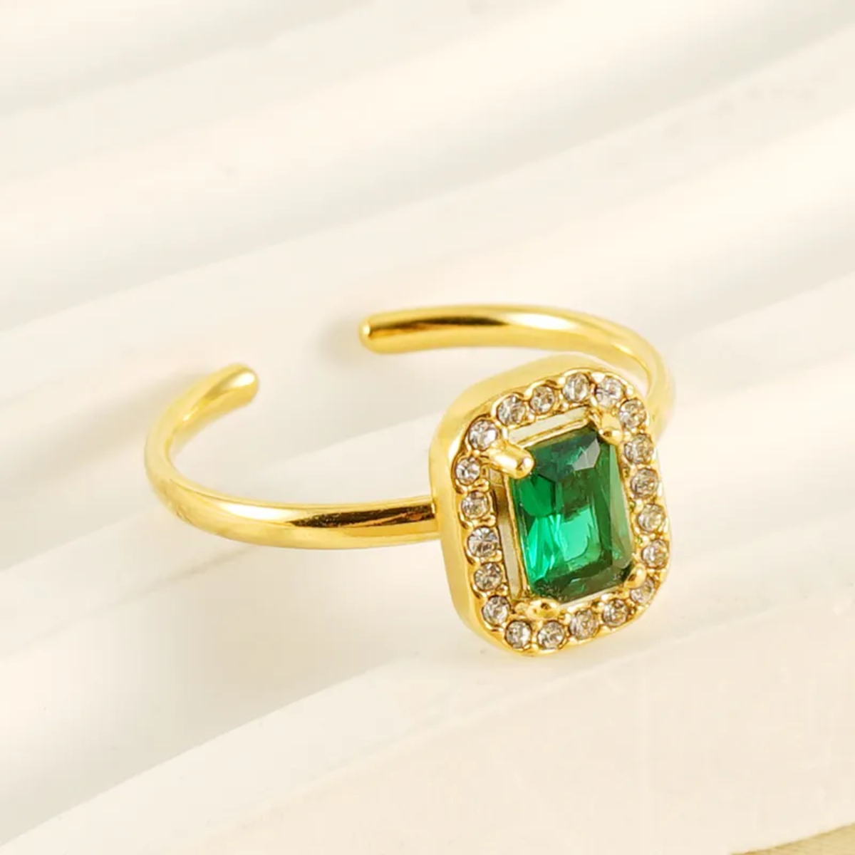 Anillo Piedra Verde Talla Ajustable Acero Inoxidable Dorado Mujer Moda