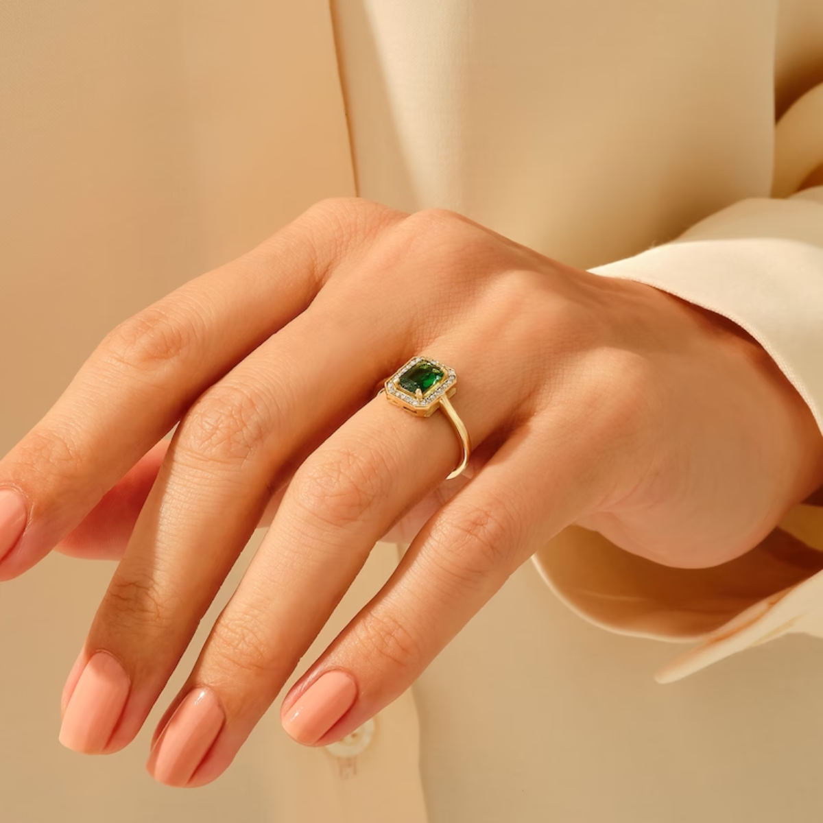 Anillo Piedra Verde Talla Ajustable Acero Inoxidable Dorado Mujer Moda