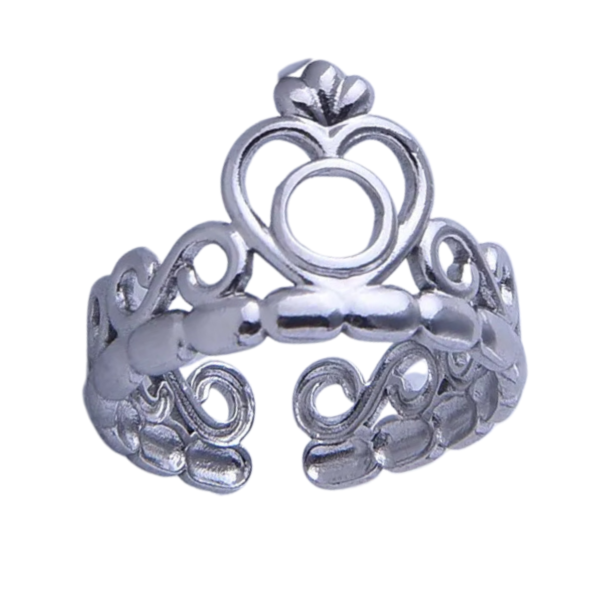 Anillo Diseño Corona Talla Ajustable Acero Inoxidable Plateado Mujer Moda
