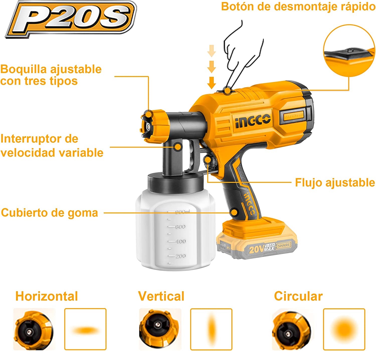 Pistola Para Pintar Inalámbrica 20 V Ingco 800 Ml