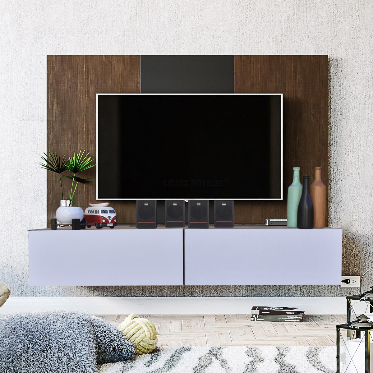 Centro De Entretenimiento para tv Flotante Hogare , 2 Puertas color Negro Blanco