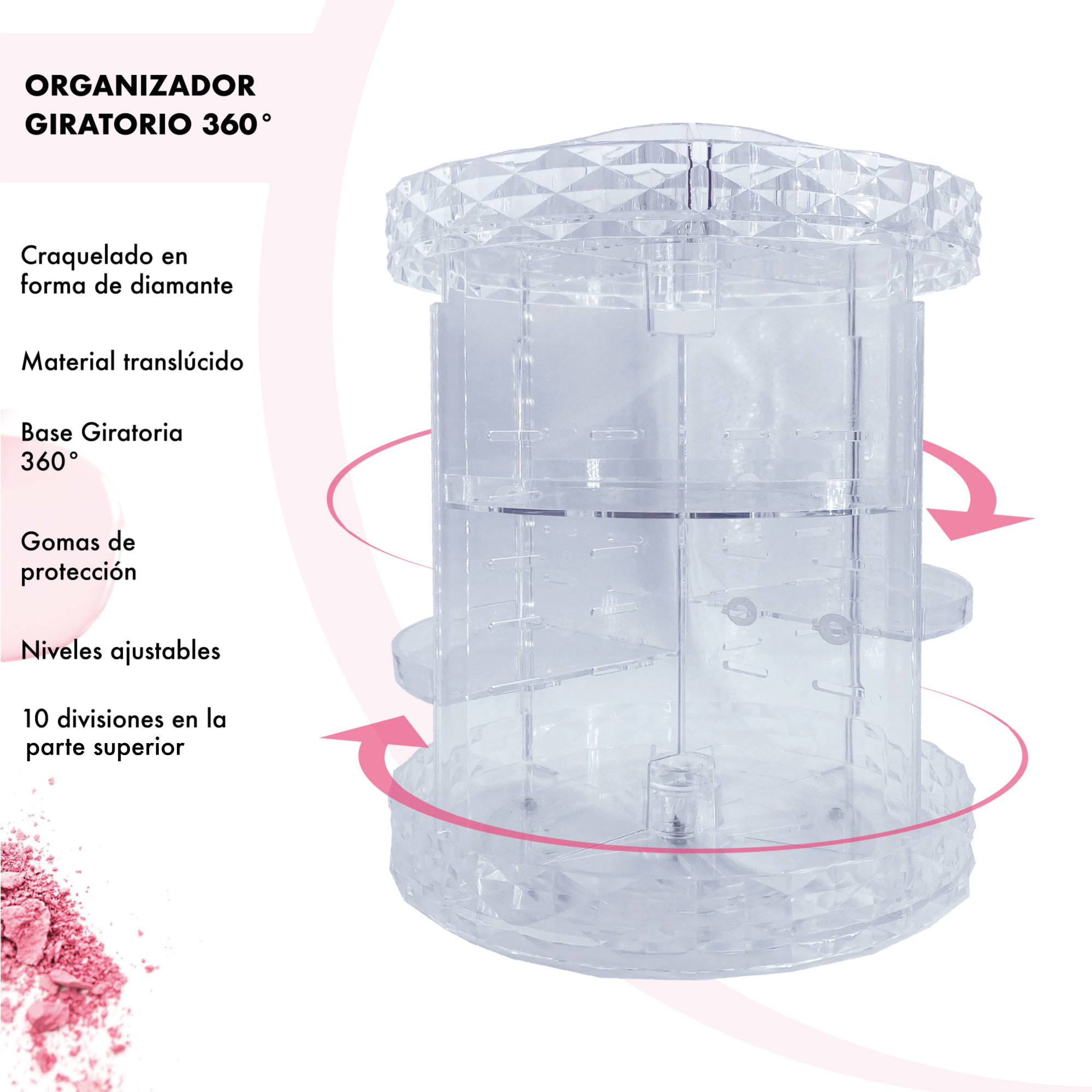 Organizador para Maquillaje Acrílico Diamantado giratorio 360 grados de rotación 