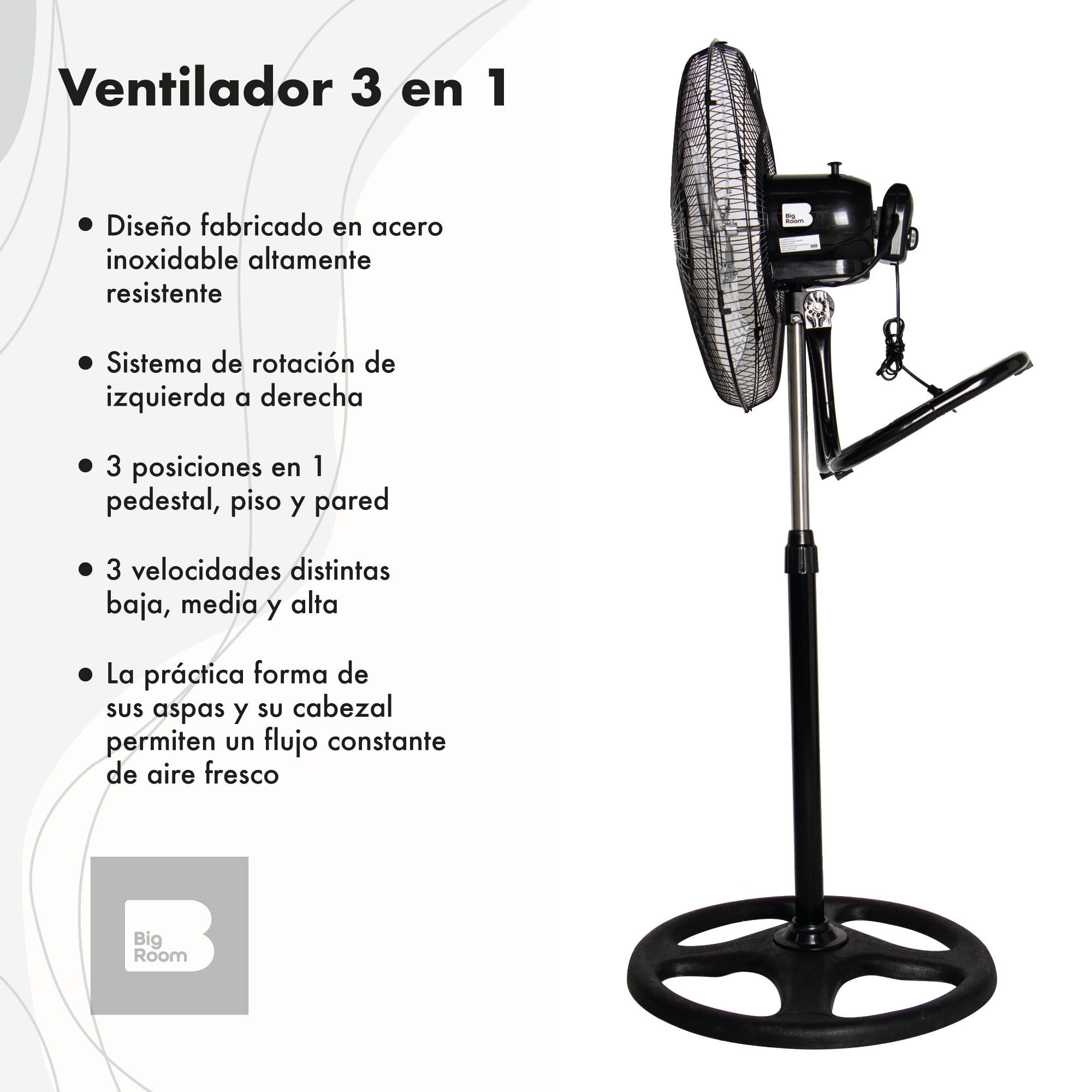 Ventilador 3 en 1 Pedestal, Piso y Pared 3 Aspas 18 Pulgadas Negro