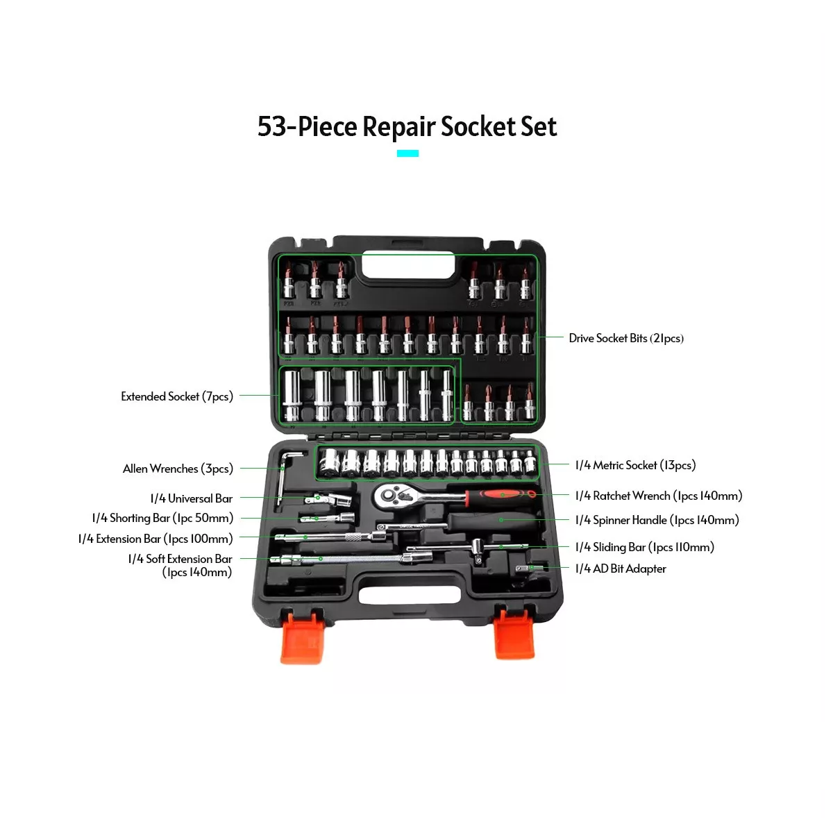 Juego De Dados De 1/4inch Para Reparar Auto Bicicleta 53 Pzas