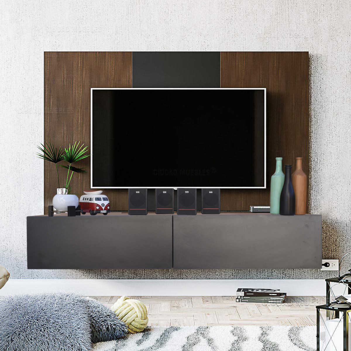 Centro De Entretenimiento para tv Flotante Hogare , 2 Puertas color Negro