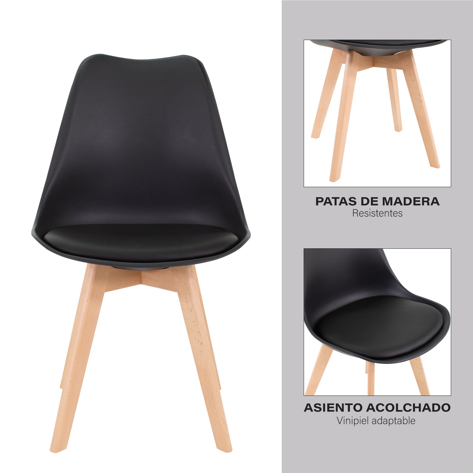 Set de 4 Sillas Onof con Asiento Acolchonado y Patas de Madera para el Hogar y Oficina