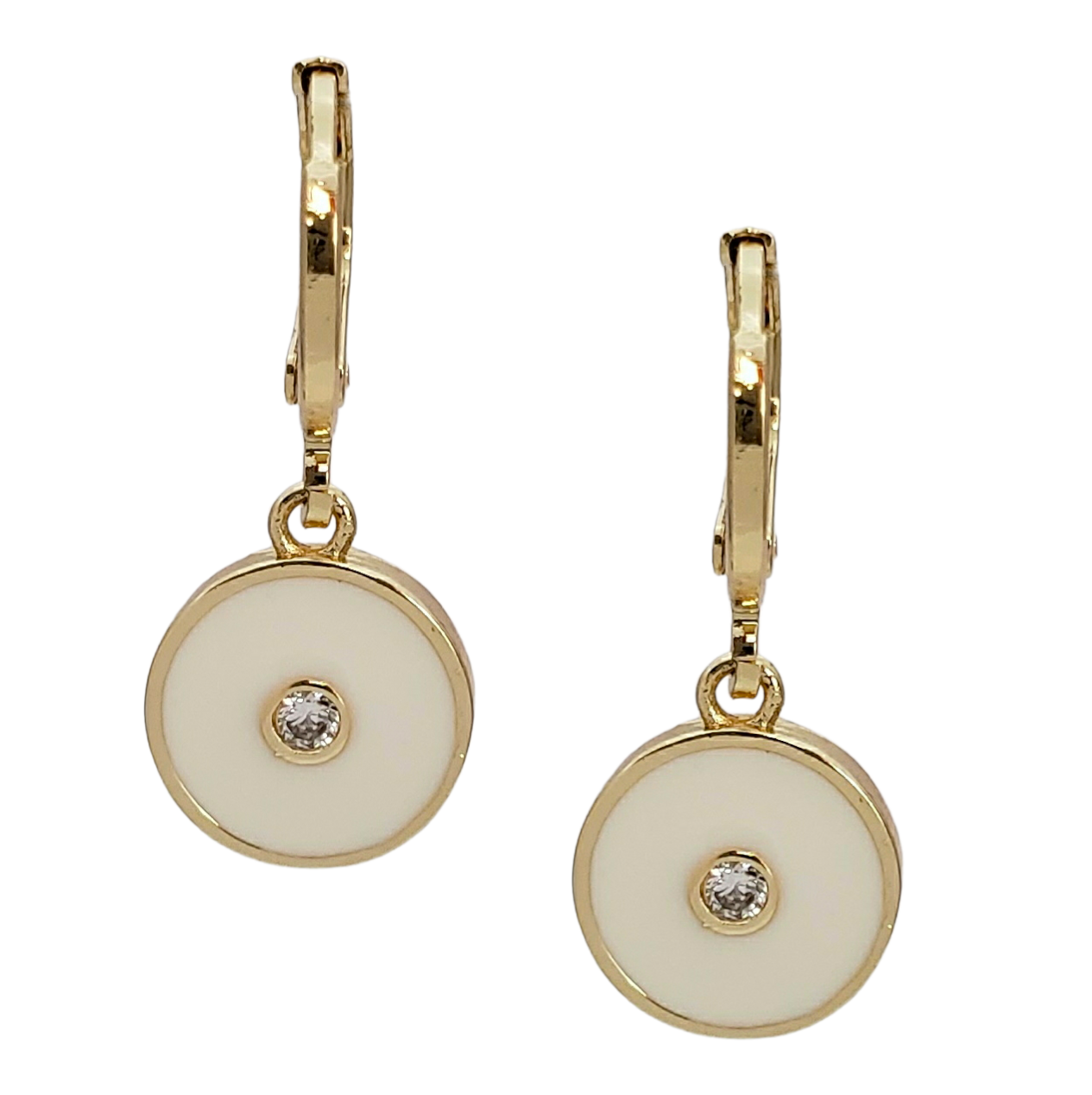 Aretes tipo huggie en chapa de oro boton esmaltado blanco y zircónia