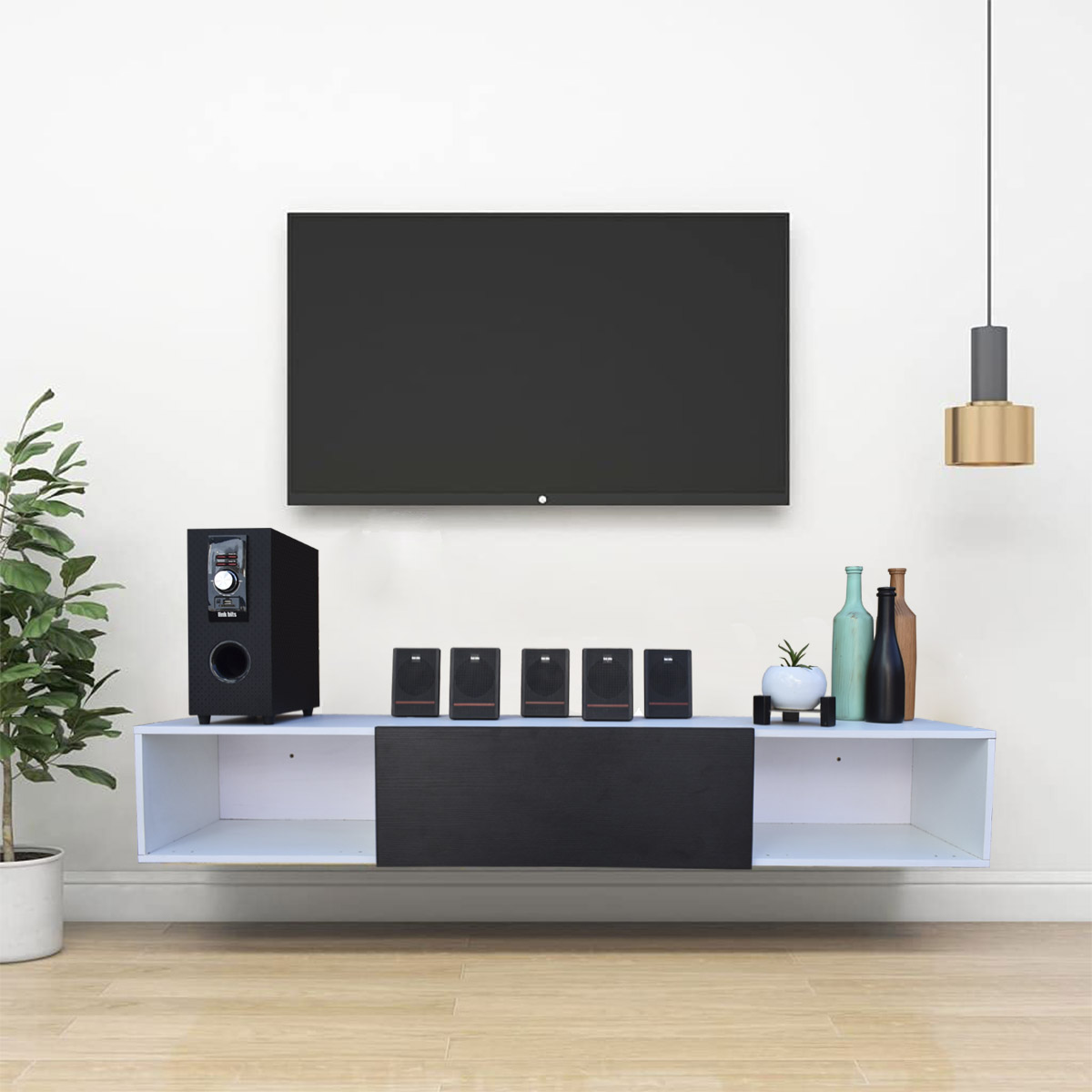 Centro De Entretenimiento para tv Flotante Hogare 140, con 1 Puerta color Blanco Negro