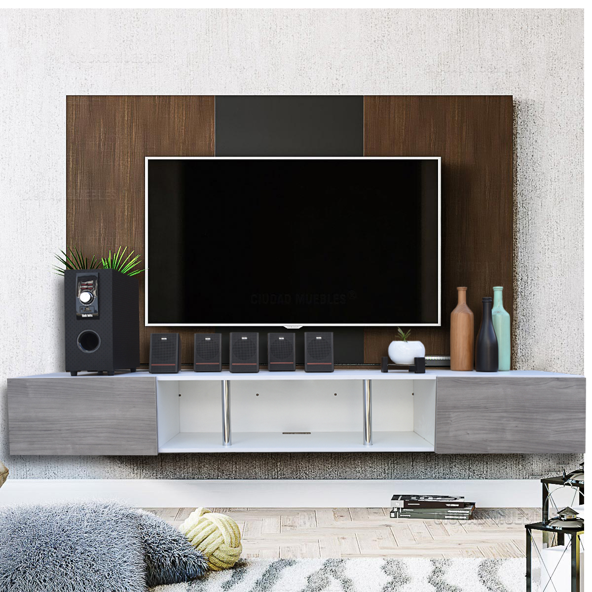 Centro De Entretenimiento para tv Flotante Hogare 160, con 2 Puertas color Blanco Gris