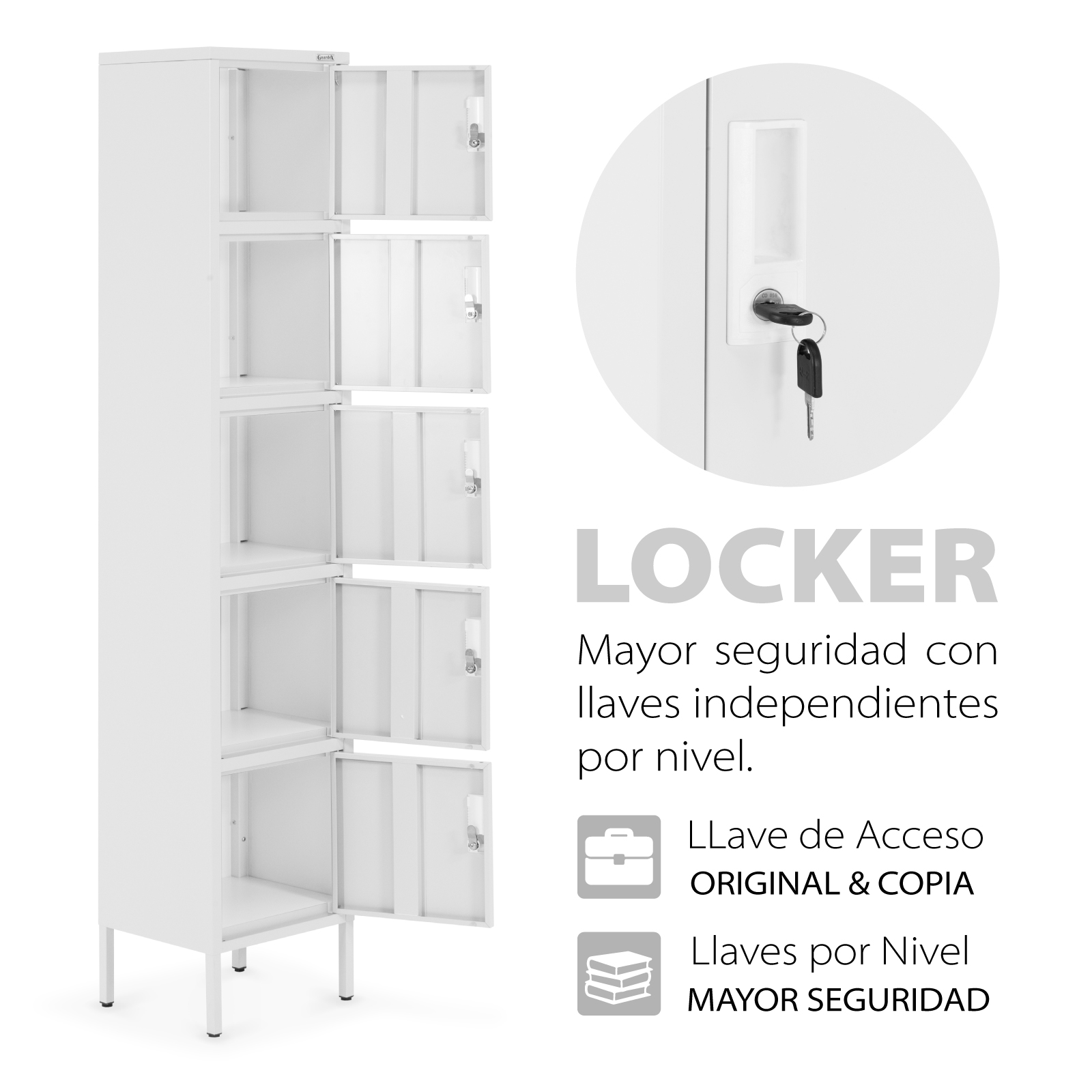 Locker Metálico Guardex  Vertical 180 cm, 5 Gavetas con Cerradura para Oficina Escuela Gimnasio