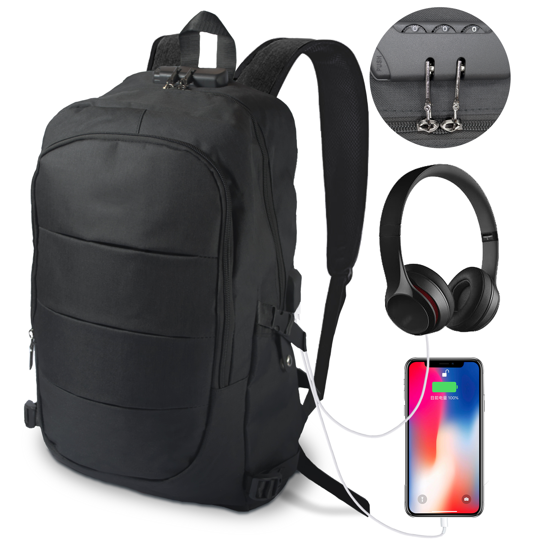 Mochila Multiusos Impermeable Antirrobo Con Cargador Usb- Negro