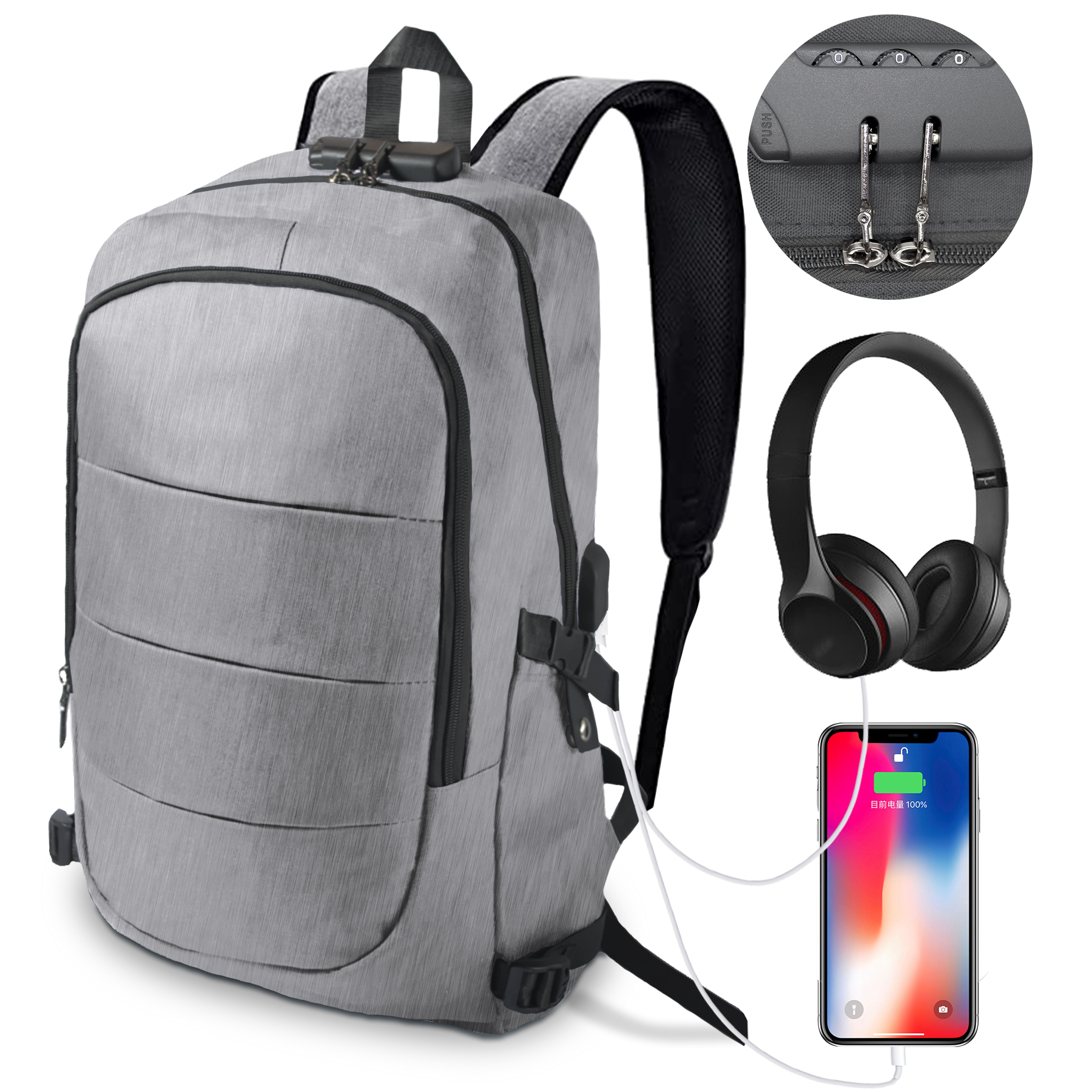 Mochila Multiusos Impermeable Antirrobo Con Cargador Usb- Gris