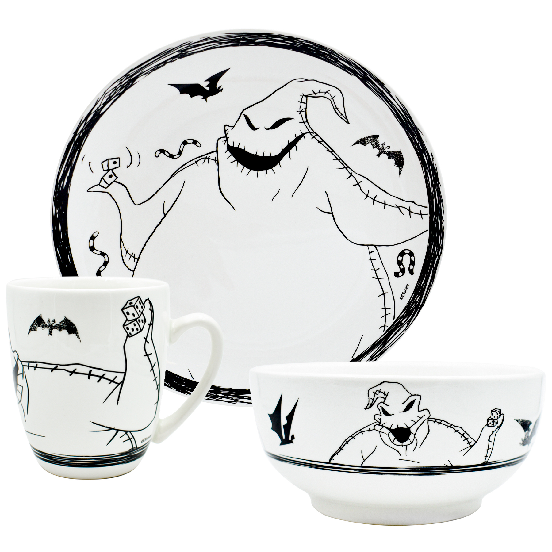 Fun Kids 2415-3901 Vajilla Porcelana Blanco y Negro Disney Jack Skellington & Sally Nightmare Before Christmas 12pz 4p