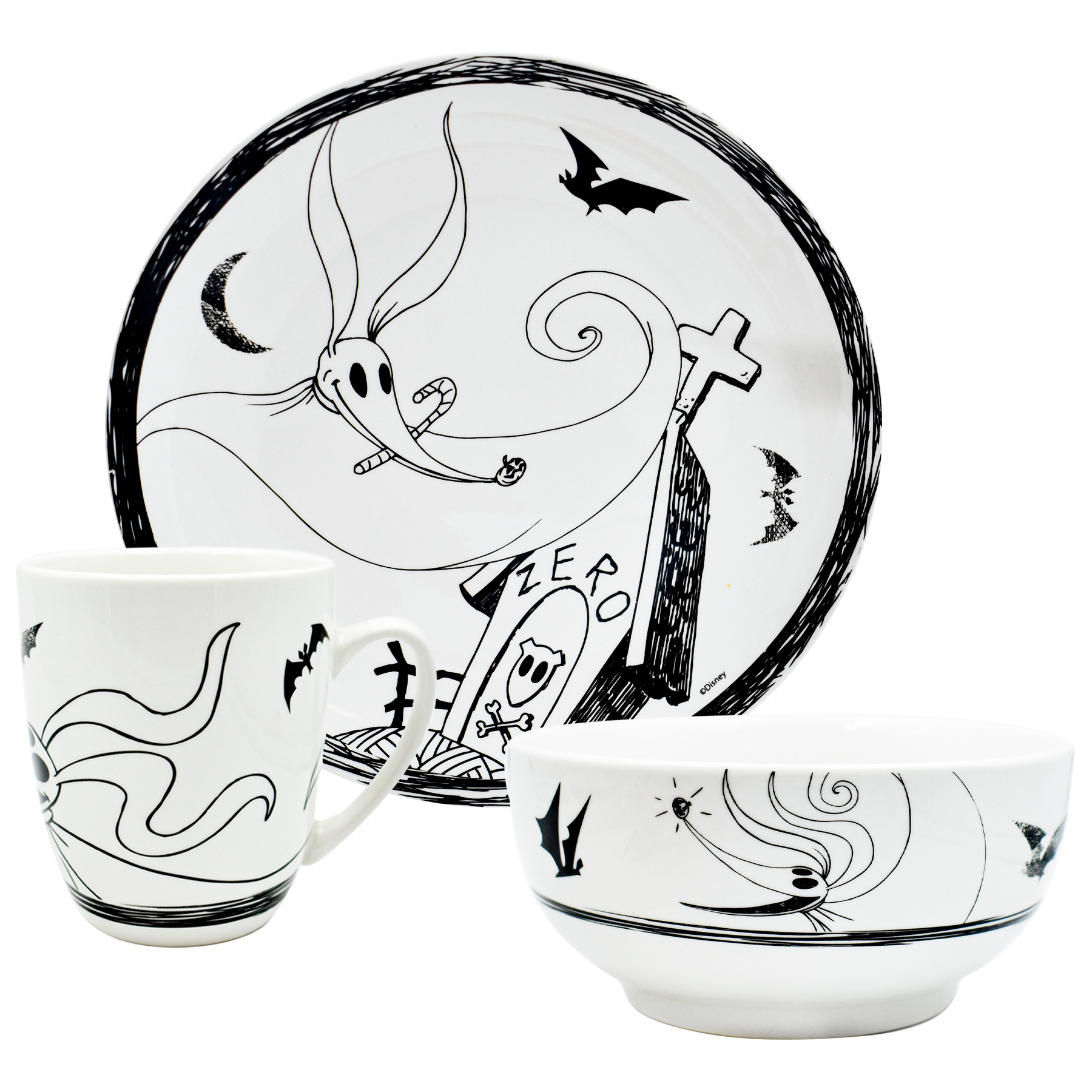 Fun Kids 2415-3901 Vajilla Porcelana Blanco y Negro Disney Jack Skellington & Sally Nightmare Before Christmas 12pz 4p