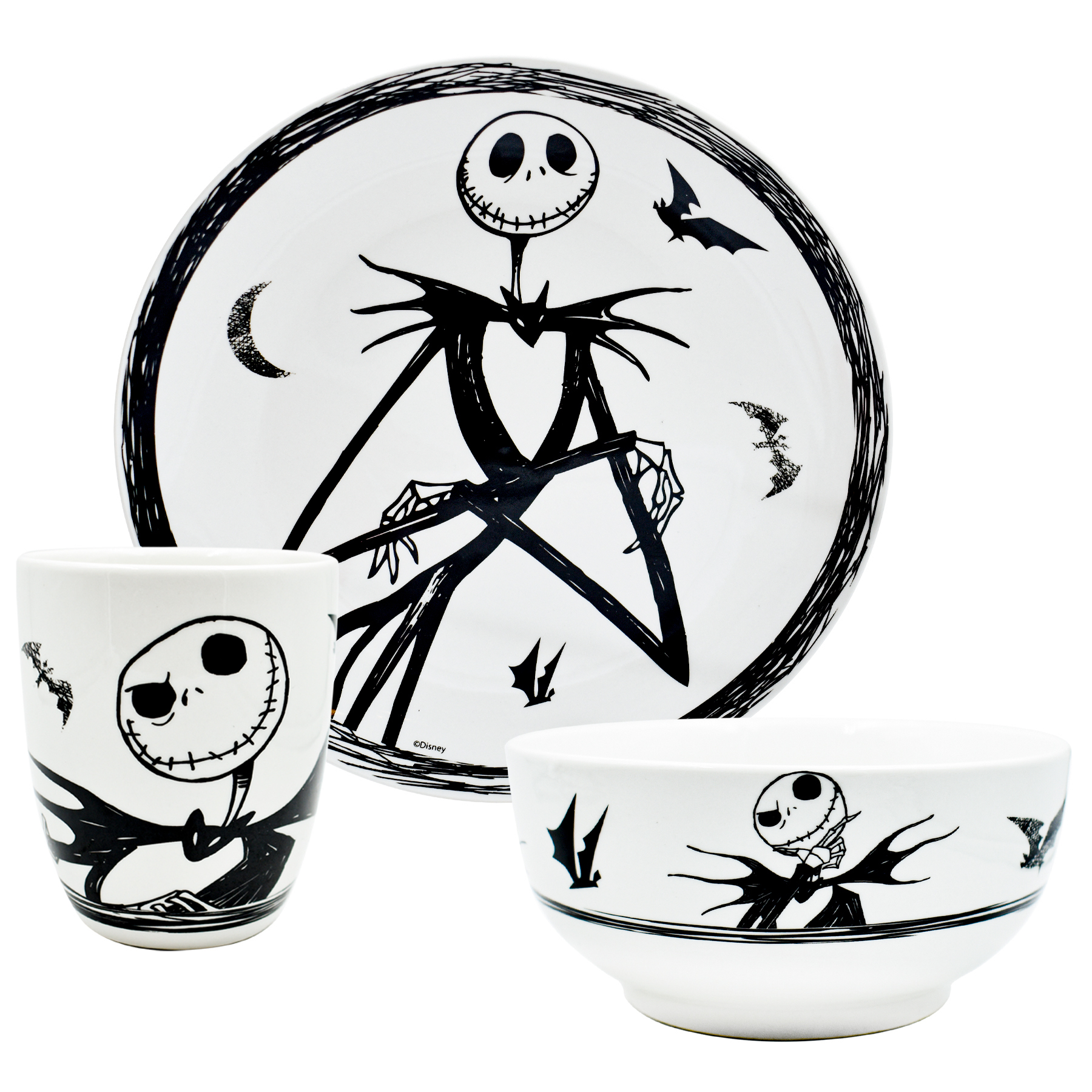 Fun Kids 2415-3901 Vajilla Porcelana Blanco y Negro Disney Jack Skellington & Sally Nightmare Before Christmas 12pz 4p