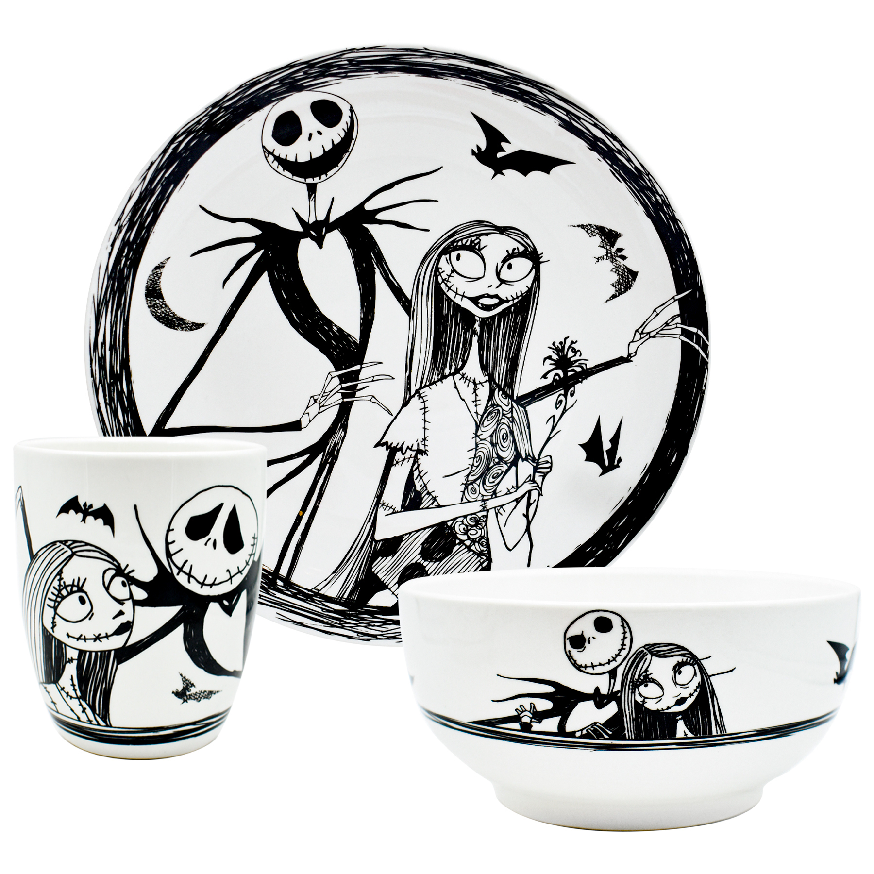 Fun Kids 2415-3901 Vajilla Porcelana Blanco y Negro Disney Jack Skellington & Sally Nightmare Before Christmas 12pz 4p