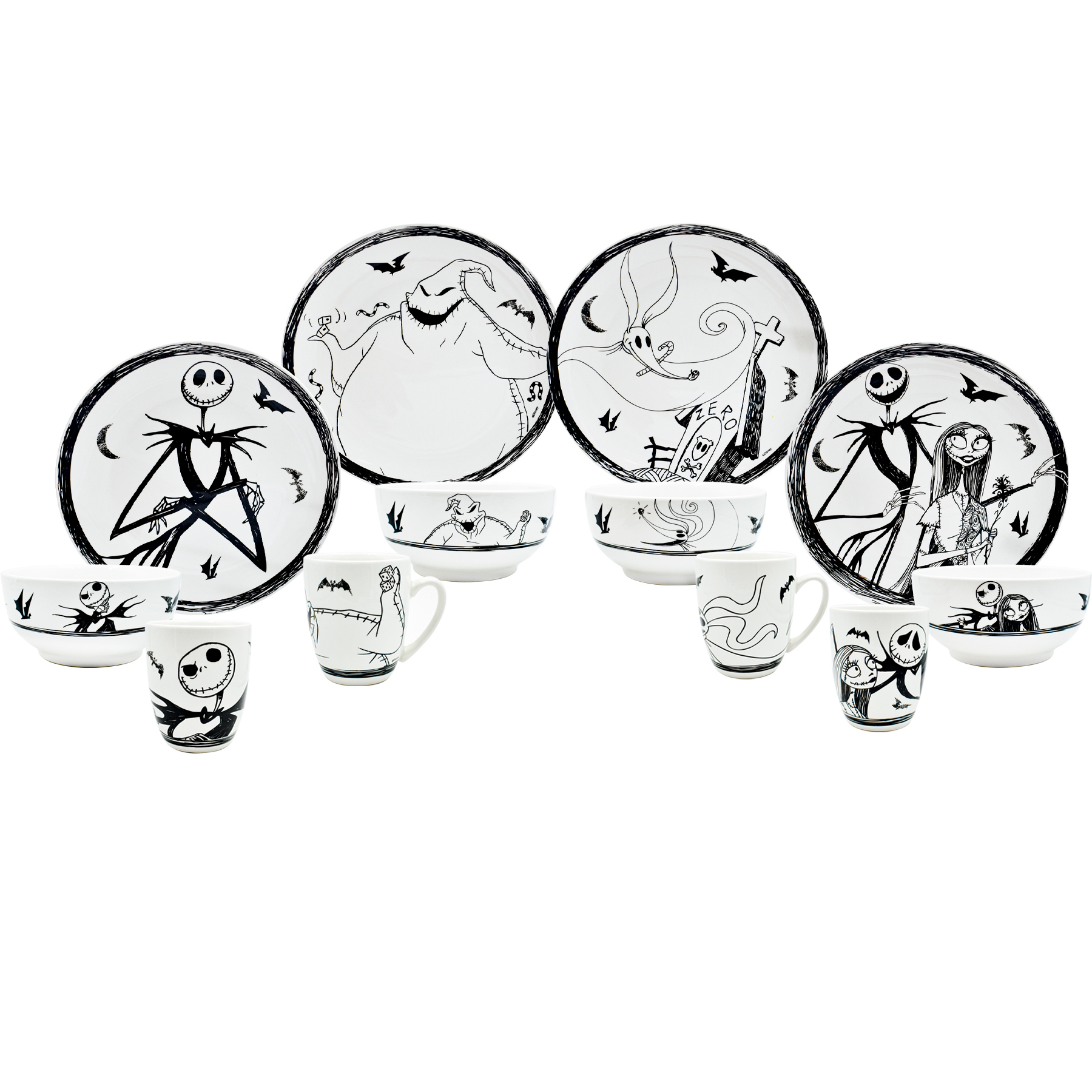 Fun Kids 2415-3901 Vajilla Porcelana Blanco y Negro Disney Jack Skellington & Sally Nightmare Before Christmas 12pz 4p