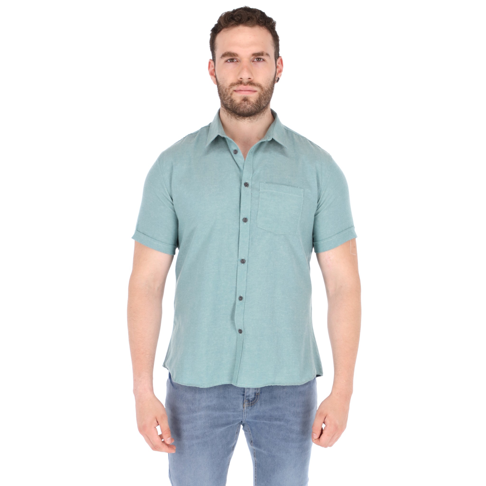 Camisa Manga Corta Casual Slim Fit Hombre Cuello Camisero Chili Beans Color Jade