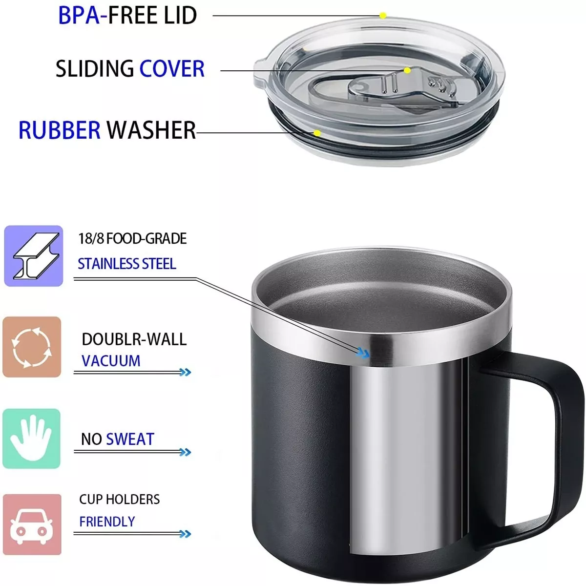 Taza Térmica De Acero Inoxidable Con Tapa 14oz Negro