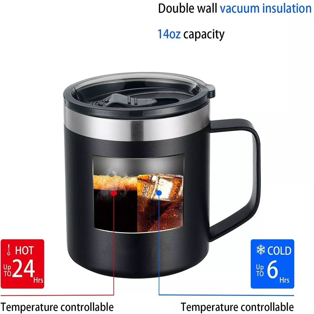 Taza Térmica De Acero Inoxidable Con Tapa 14oz Negro