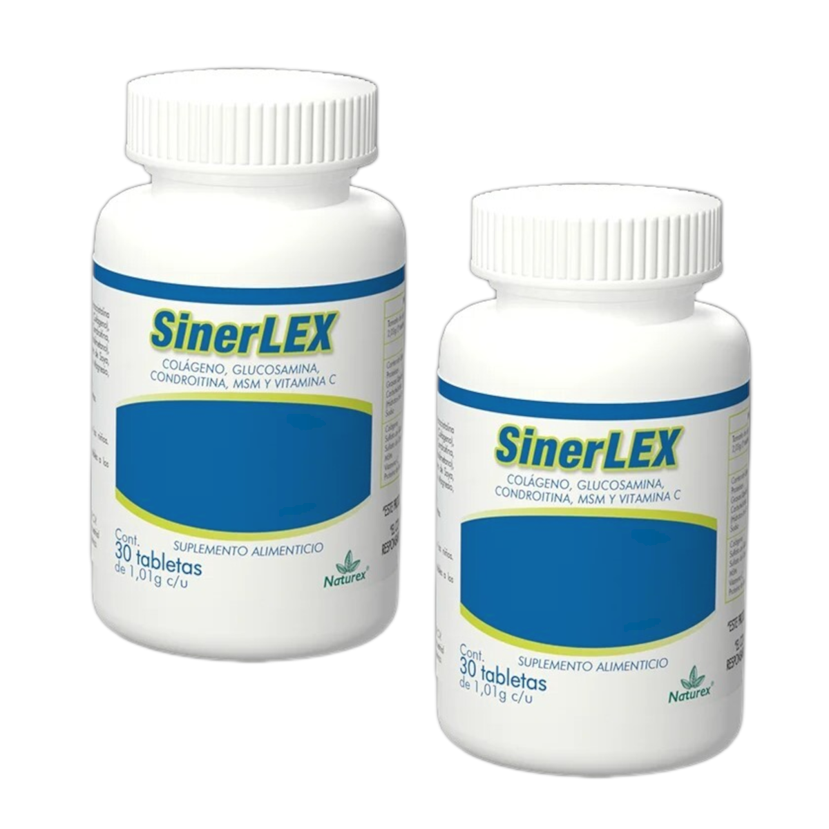 Naturex Sinerlex: Suplemento Alimenticio con Colágeno, Glucosamina, Condroitina, MSM y Vitamina C para la Salud, 2 Frascos con 30 Tabletas c/u