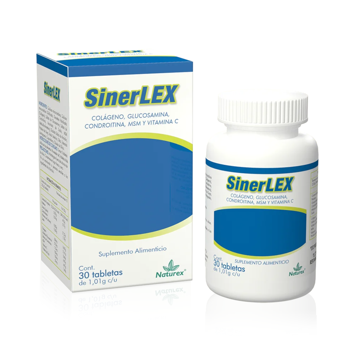 Naturex Sinerlex: Suplemento Alimenticio con Colágeno, Glucosamina, Condroitina, MSM y Vitamina C para la Salud, 2 Frascos con 30 Tabletas c/u