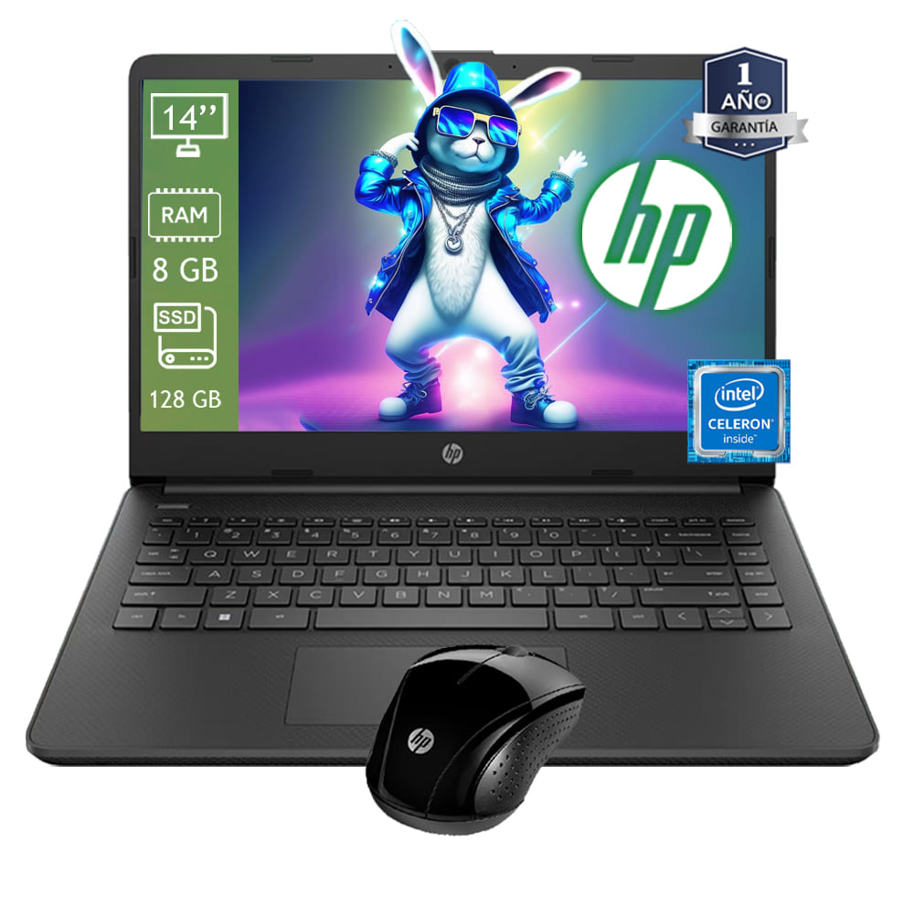 Laptop HP 14-DQ0526LA Intel Celeron Ram 8GB SSD 128GB Windows 11 Incluye Mouse HP - Negro