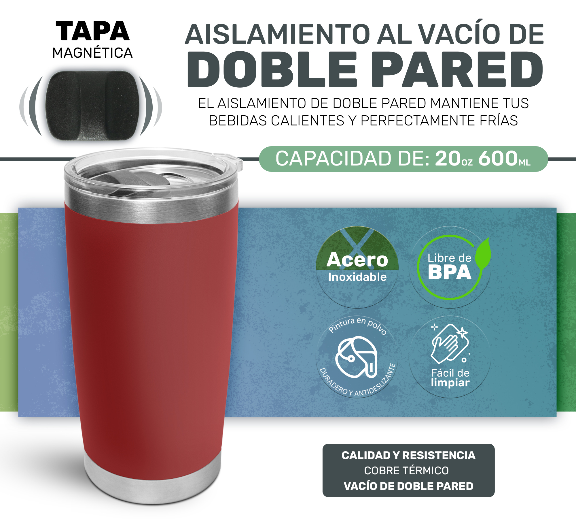 Taza Vaso de Acero Inoxidable Con Aislamiento al Vacio- Rojo