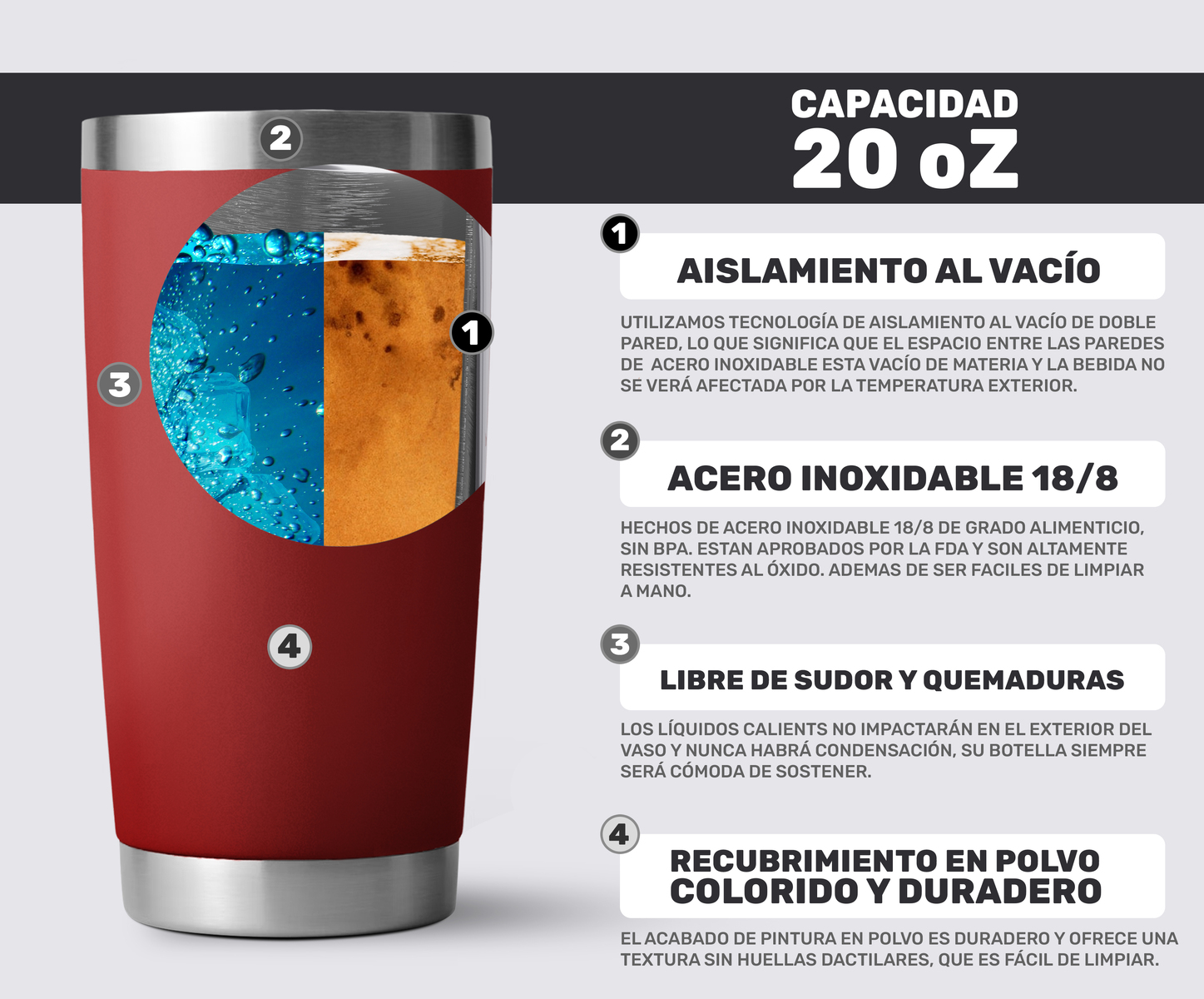 Taza Vaso de Acero Inoxidable Con Aislamiento al Vacio- Rojo