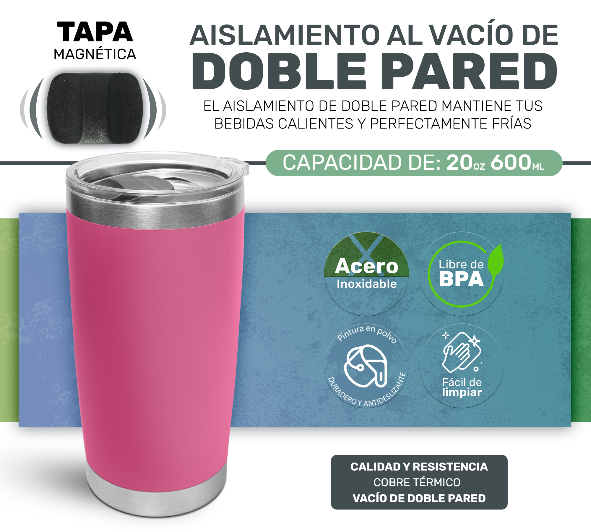 Taza Vaso de Acero Inoxidable Con Aislamiento al Vacio- Rosa Fuerte