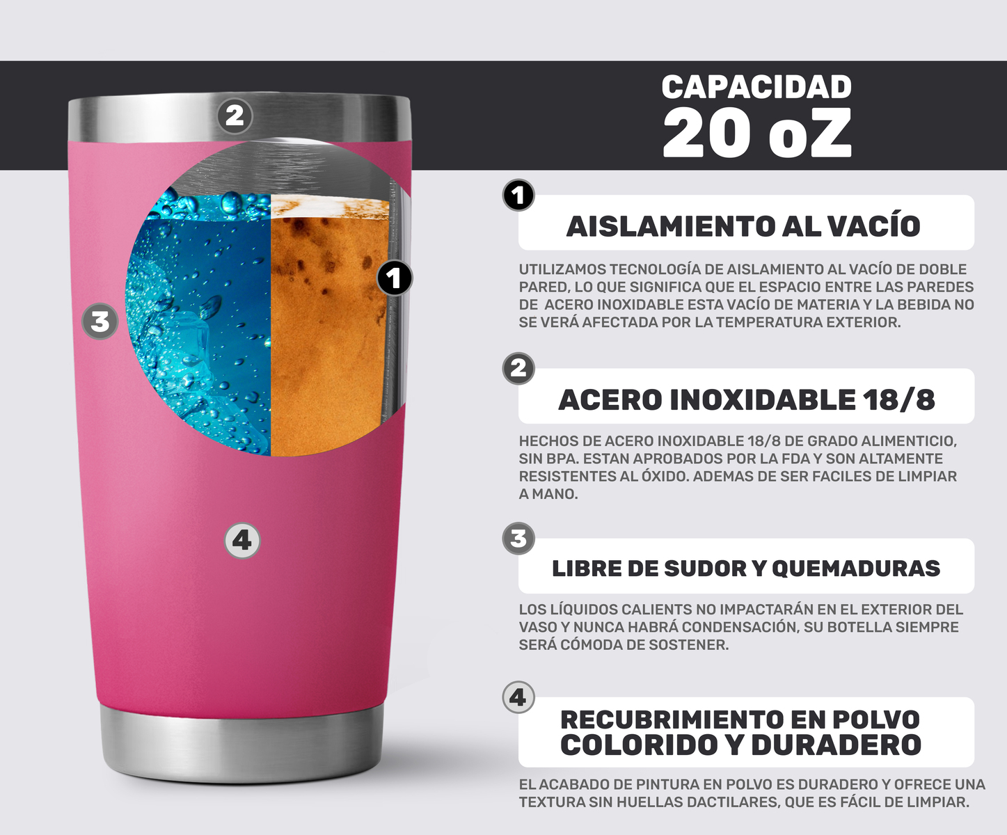 Taza Vaso de Acero Inoxidable Con Aislamiento al Vacio- Rosa Fuerte