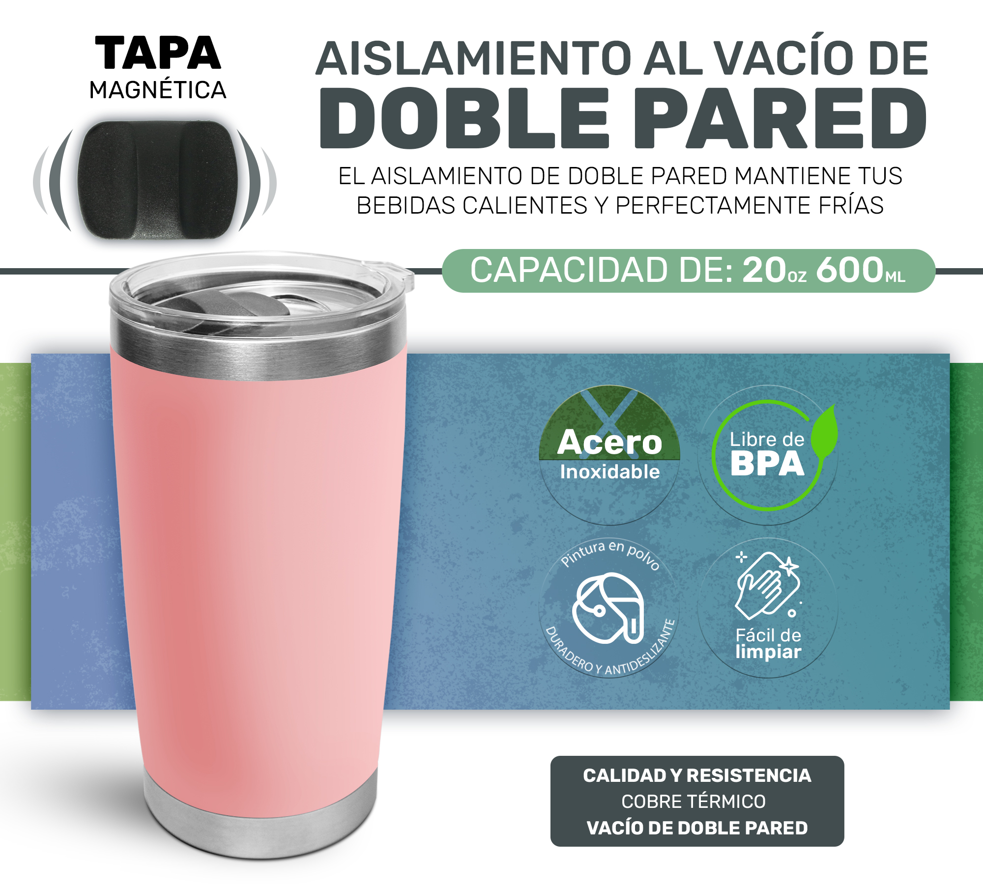 Taza Vaso de Acero Inoxidable Con Aislamiento al Vacio- Rosa Claro